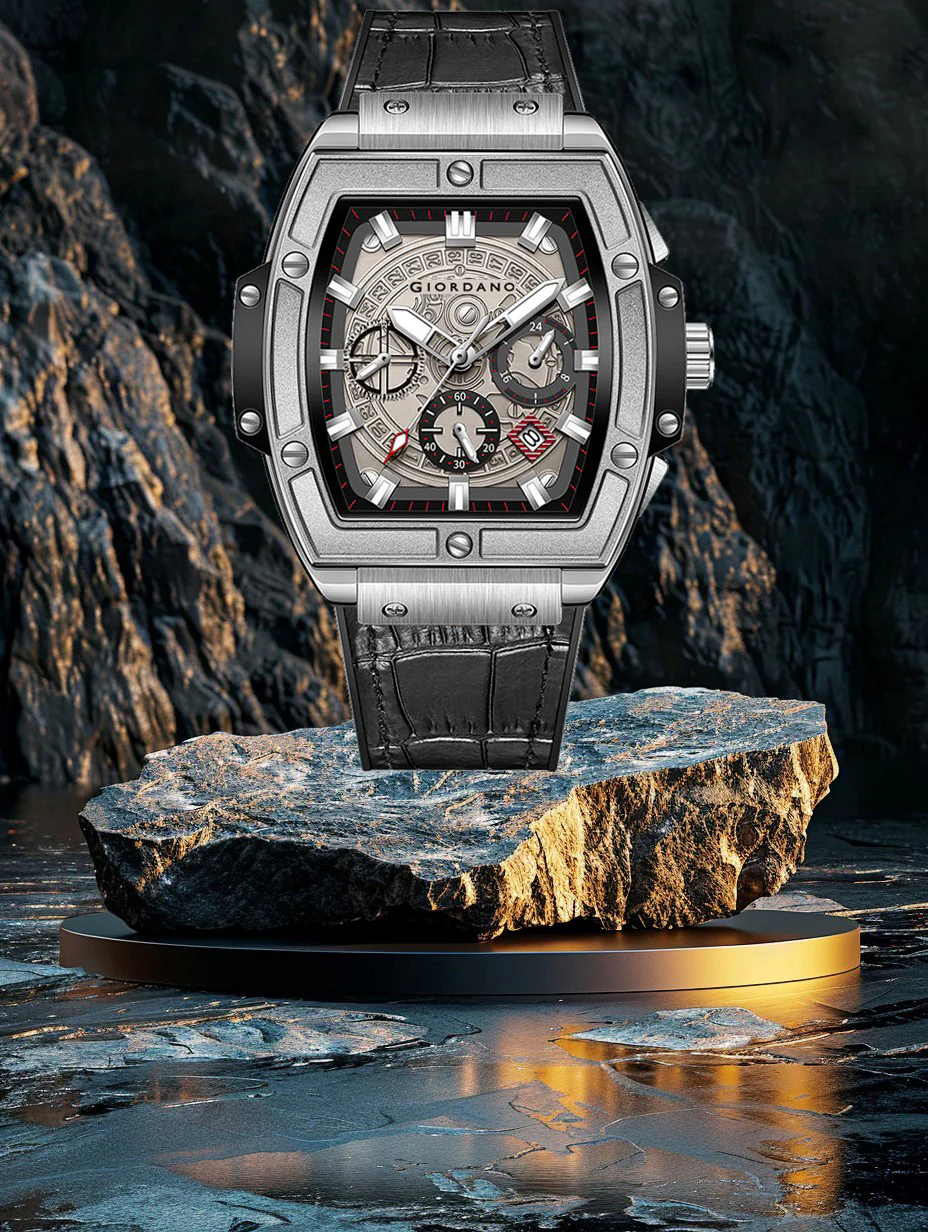 Giordano Terminator Grey Leather Multifunction Watch for men - with Day, Date, and 24-Hour Sub-Dials | Water Resistant Square Dial Unique Design Wrist Watch for Man | GZ-50098-07 - Image 5