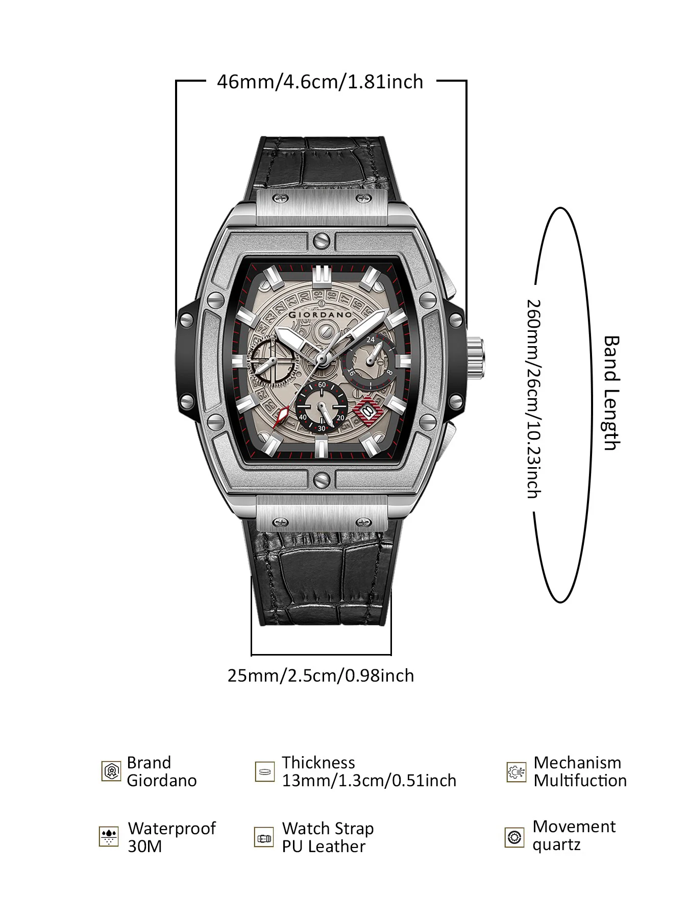 Giordano Terminator Grey Leather Multifunction Watch for men - with Day, Date, and 24-Hour Sub-Dials | Water Resistant Square Dial Unique Design Wrist Watch for Man | GZ-50098-07 - Image 6