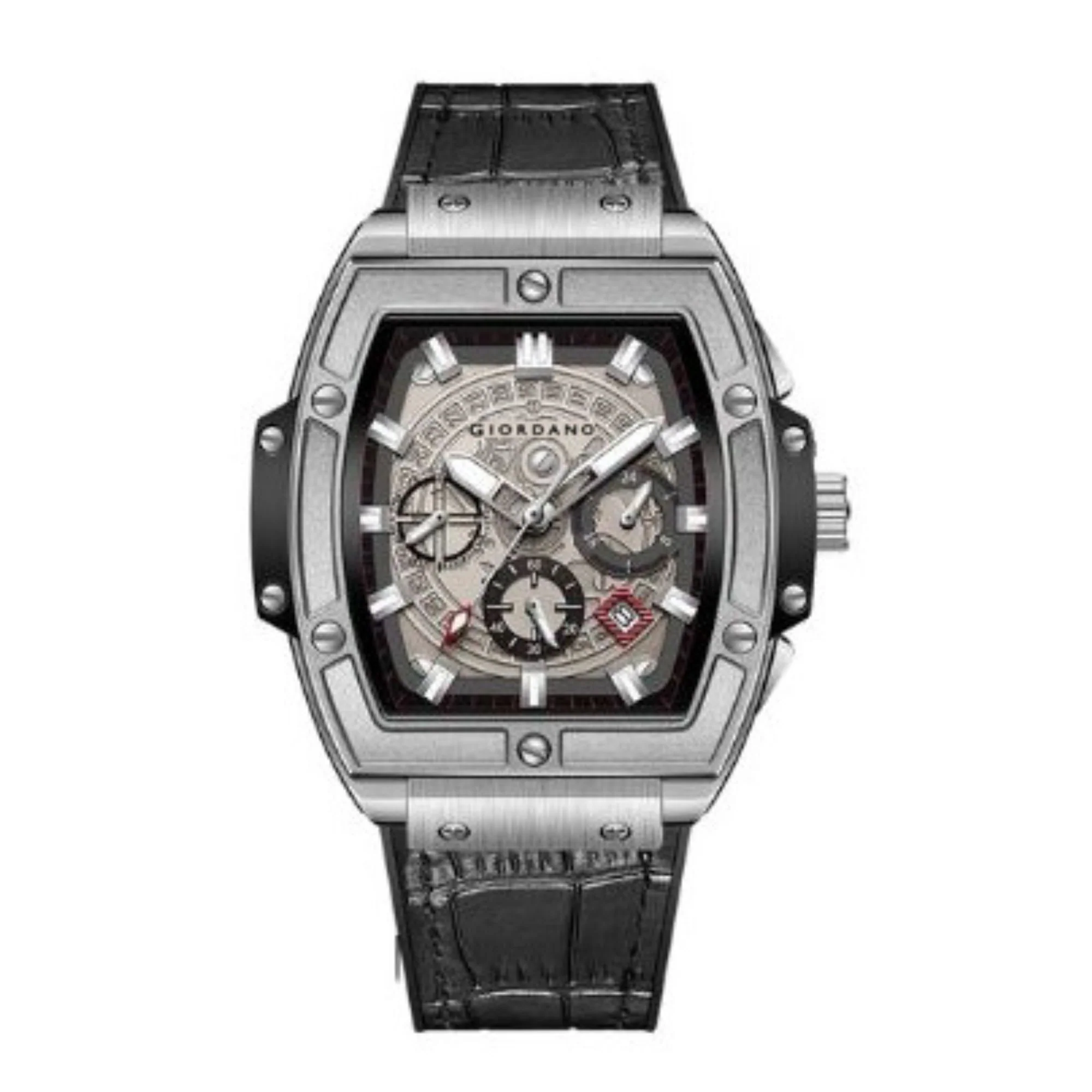 Giordano Terminator Grey Leather Multifunction Watch for men - with Day, Date, and 24-Hour Sub-Dials | Water Resistant Square Dial Unique Design Wrist Watch for Man | GZ-50098-07 - Image 7