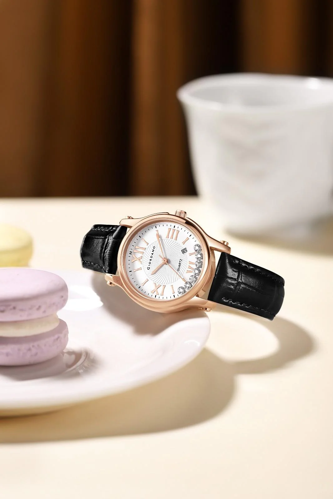 Giordano Luxury Analog Quartz Watch for Women – Rose Gold Case, Roman Numerals, Crystal-Studded Dial, Leather Strap – Elegant Timepiece - GZ-60142-11 - Image 3