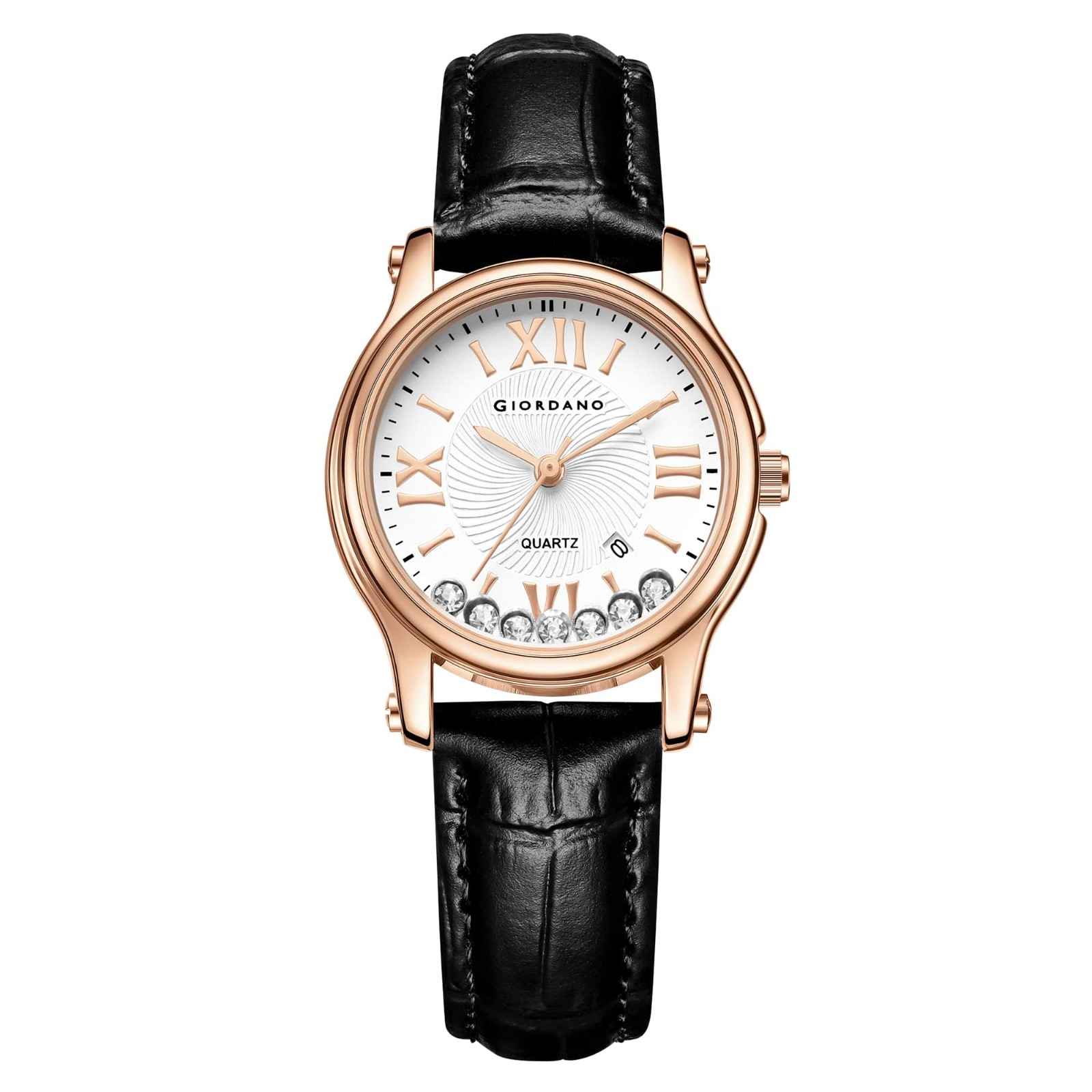 Giordano Luxury Analog Quartz Watch for Women – Rose Gold Case, Roman Numerals, Crystal-Studded Dial, Leather Strap – Elegant Timepiece - GZ-60142-11 - Image 5