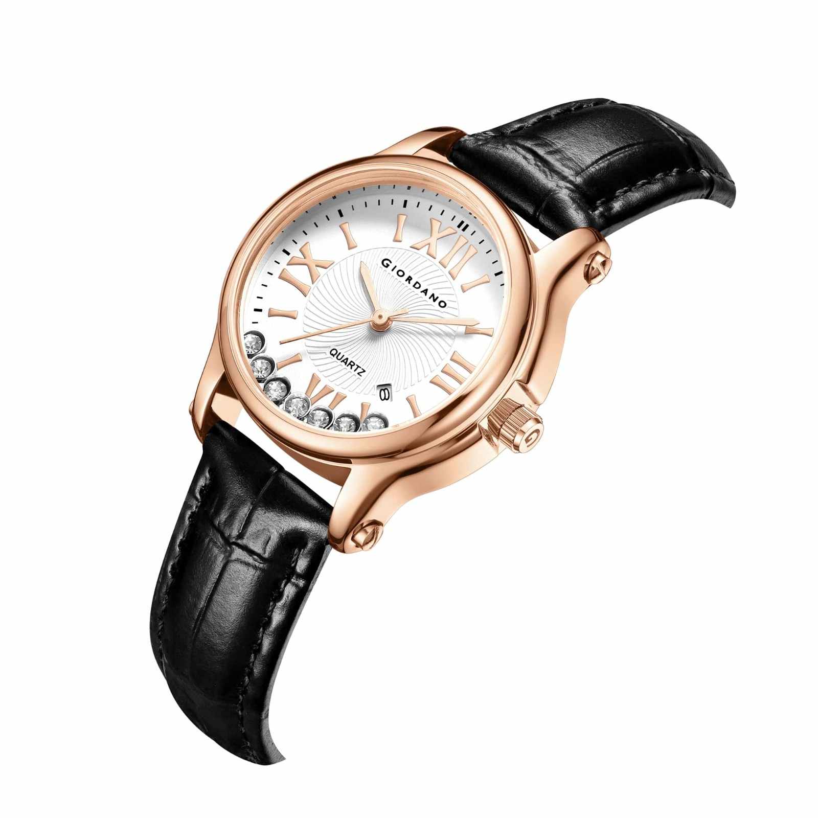 Giordano Luxury Analog Quartz Watch for Women – Rose Gold Case, Roman Numerals, Crystal-Studded Dial, Leather Strap – Elegant Timepiece - GZ-60142-11 - Image 6