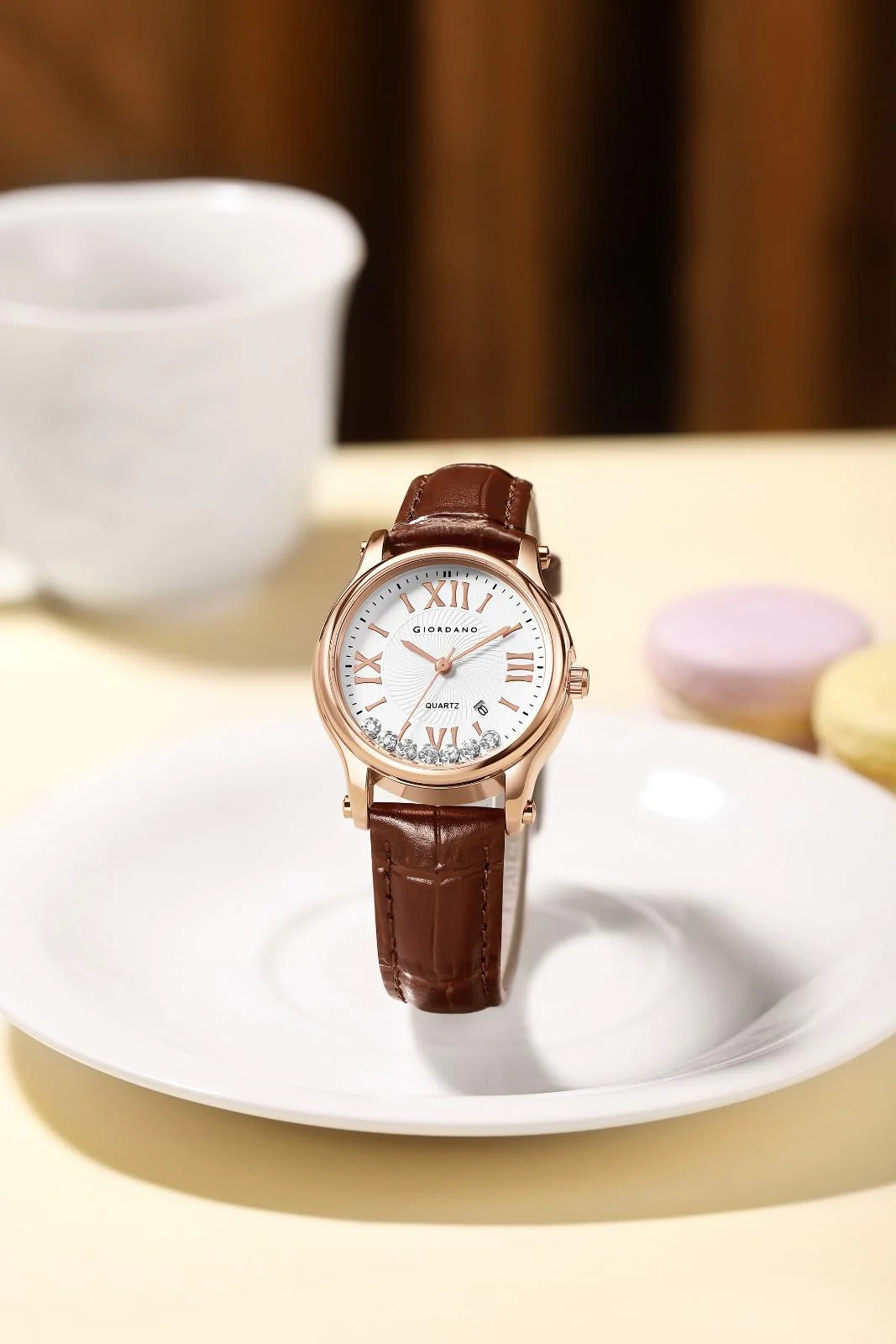 Giordano Luxury Analog Quartz Watch for Women – Rose Gold Case, Roman Numerals, Crystal-Studded Dial, Leather Strap – Elegant Timepiece - GZ-60142-22 - Image 3
