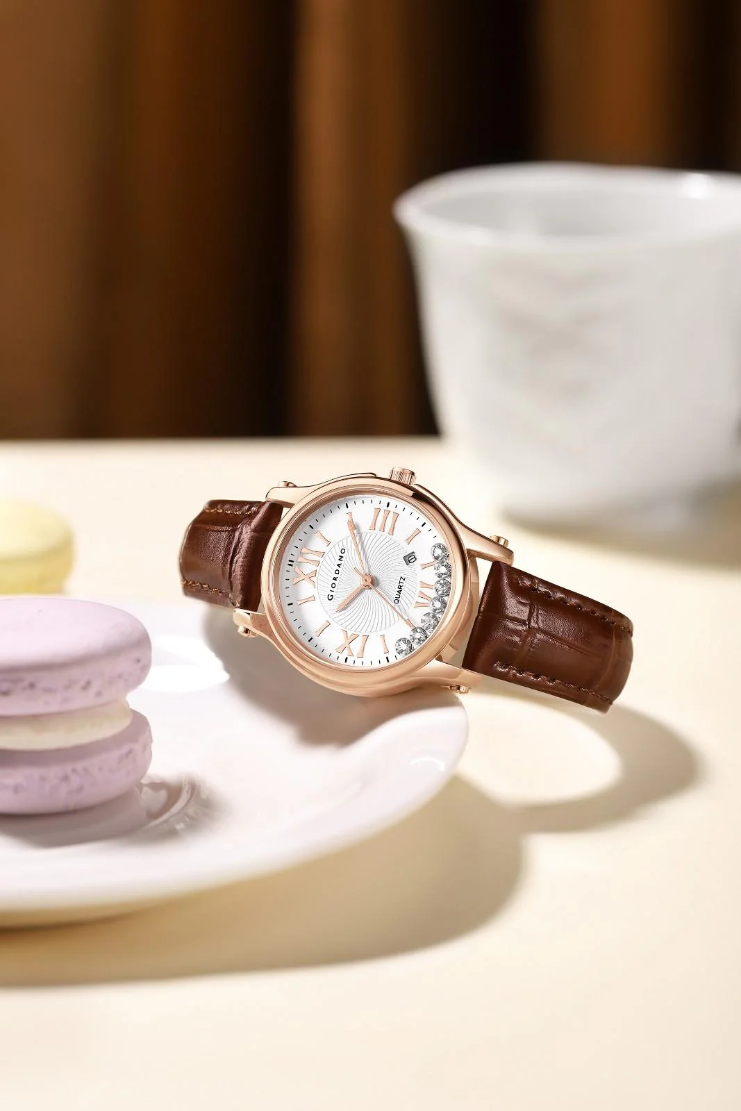 Giordano Luxury Analog Quartz Watch for Women – Rose Gold Case, Roman Numerals, Crystal-Studded Dial, Leather Strap – Elegant Timepiece - GZ-60142-22 - Image 4