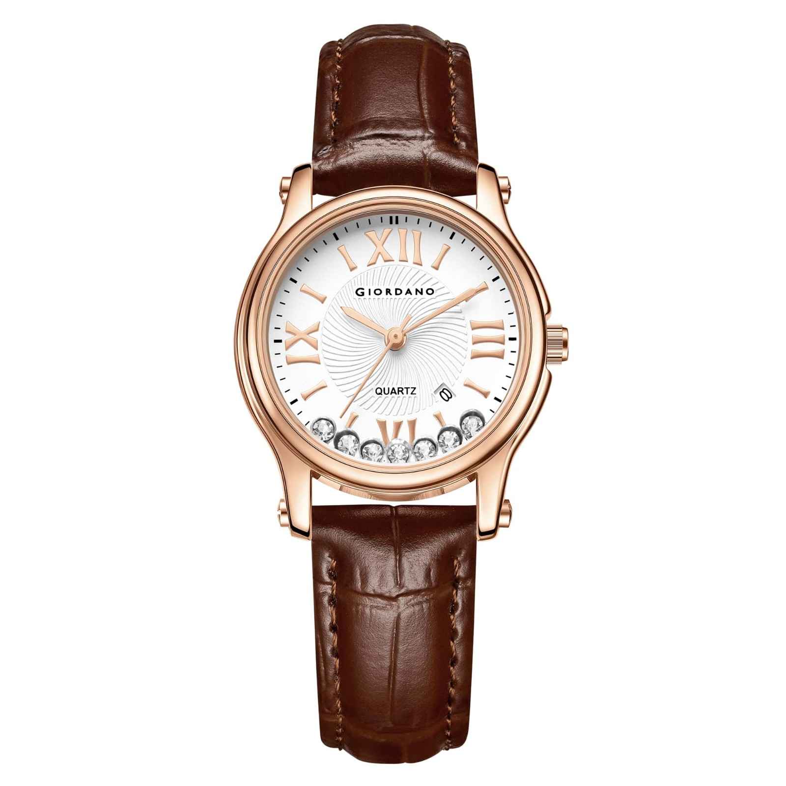 Giordano Luxury Analog Quartz Watch for Women – Rose Gold Case, Roman Numerals, Crystal-Studded Dial, Leather Strap – Elegant Timepiece - GZ-60142-22 - Image 6