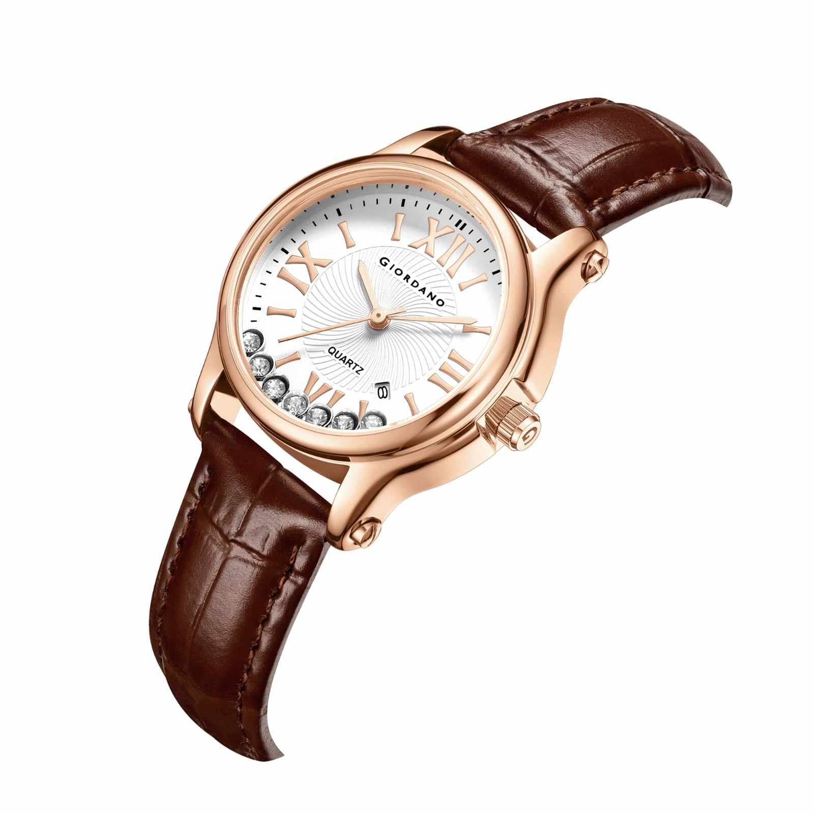 Giordano Luxury Analog Quartz Watch for Women – Rose Gold Case, Roman Numerals, Crystal-Studded Dial, Leather Strap – Elegant Timepiece - GZ-60142-22 - Image 7