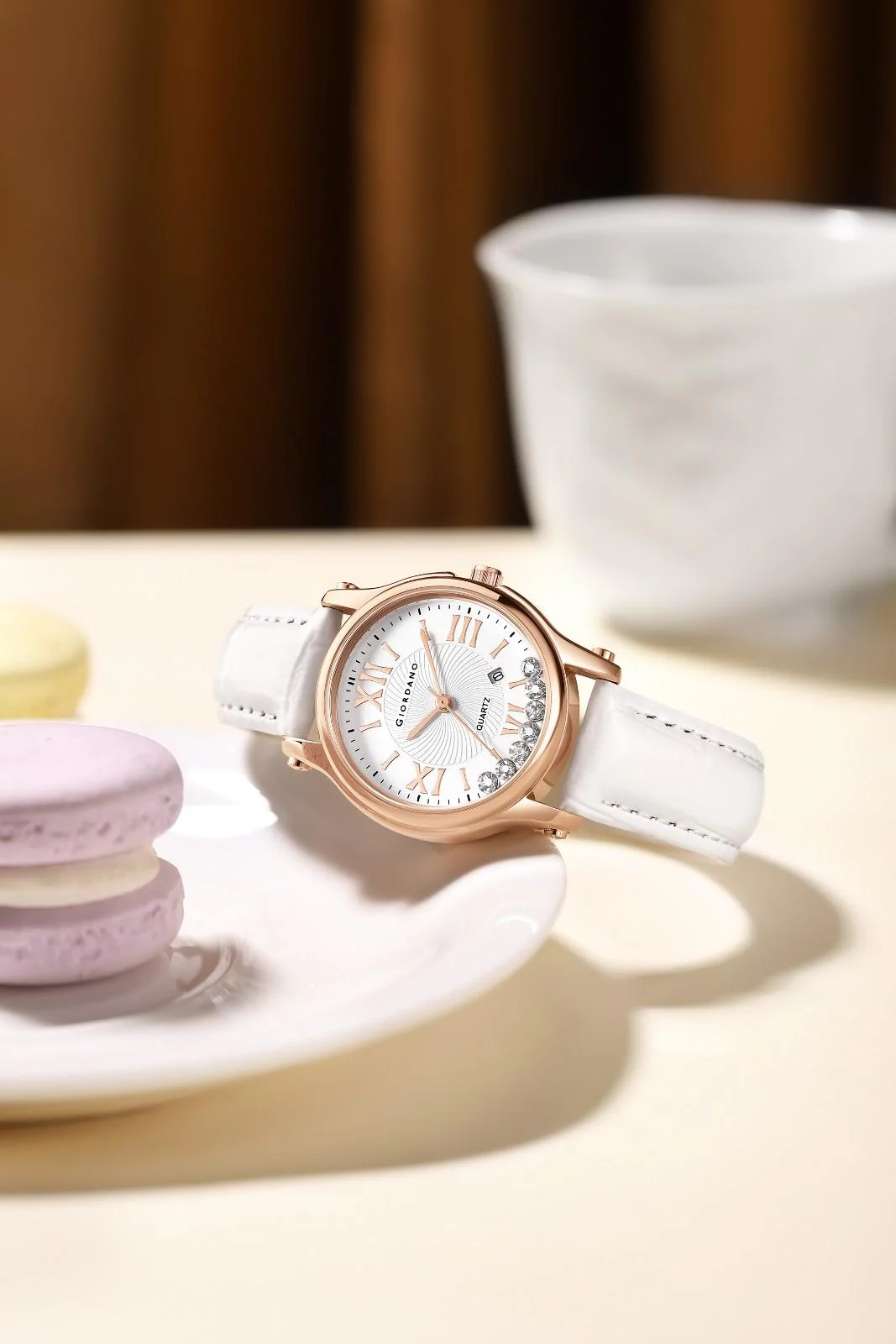 Giordano Luxury Analog Quartz Watch for Women – Rose Gold Case, Roman Numerals, Crystal-Studded Dial, Leather Strap – Elegant Timepiece - GZ-60142-33 - Image 3