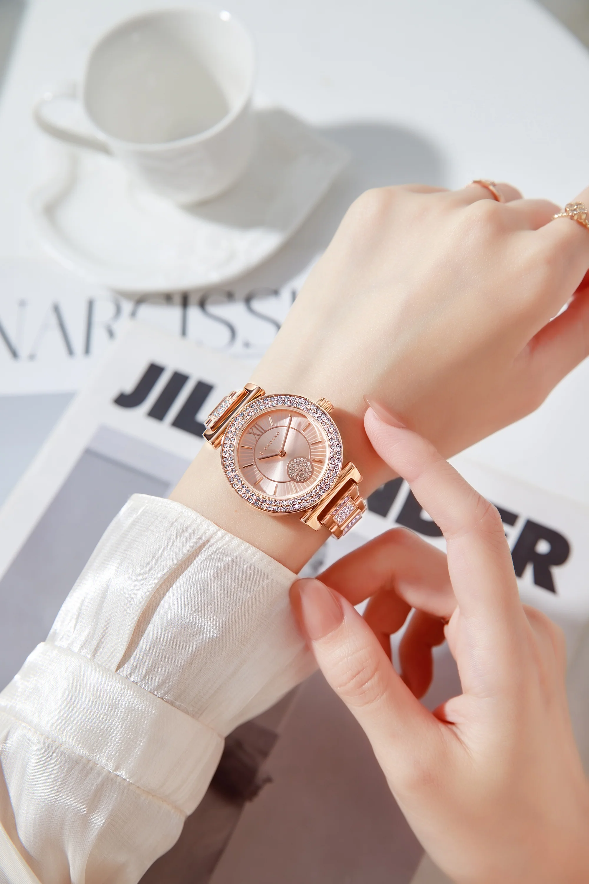 Giordano Luxury Analog Watch for Women - Elegant Crystal Design with sub dial and Diamond Studed statinless Steel Strap | GZ-60086-11 - Image 3