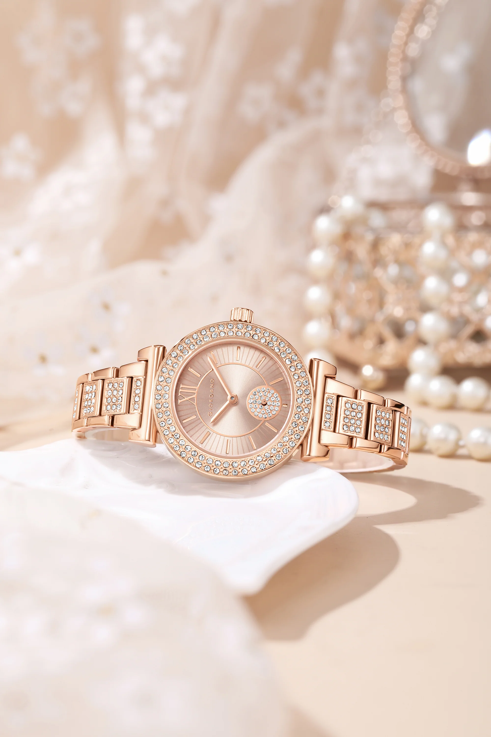 Giordano Luxury Analog Watch for Women - Elegant Crystal Design with sub dial and Diamond Studed statinless Steel Strap | GZ-60086-11 - Image 4