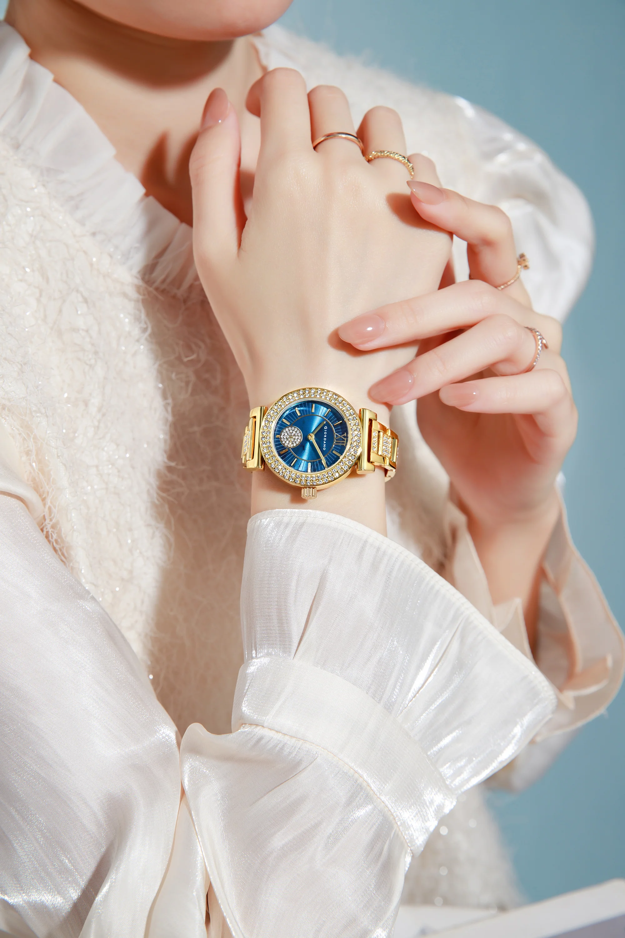 Giordano Luxury Analog Watch for Women - Elegant Crystal Design with sub dial and Diamond Studed statinless Steel Strap | GZ-60086-22 - Image 2