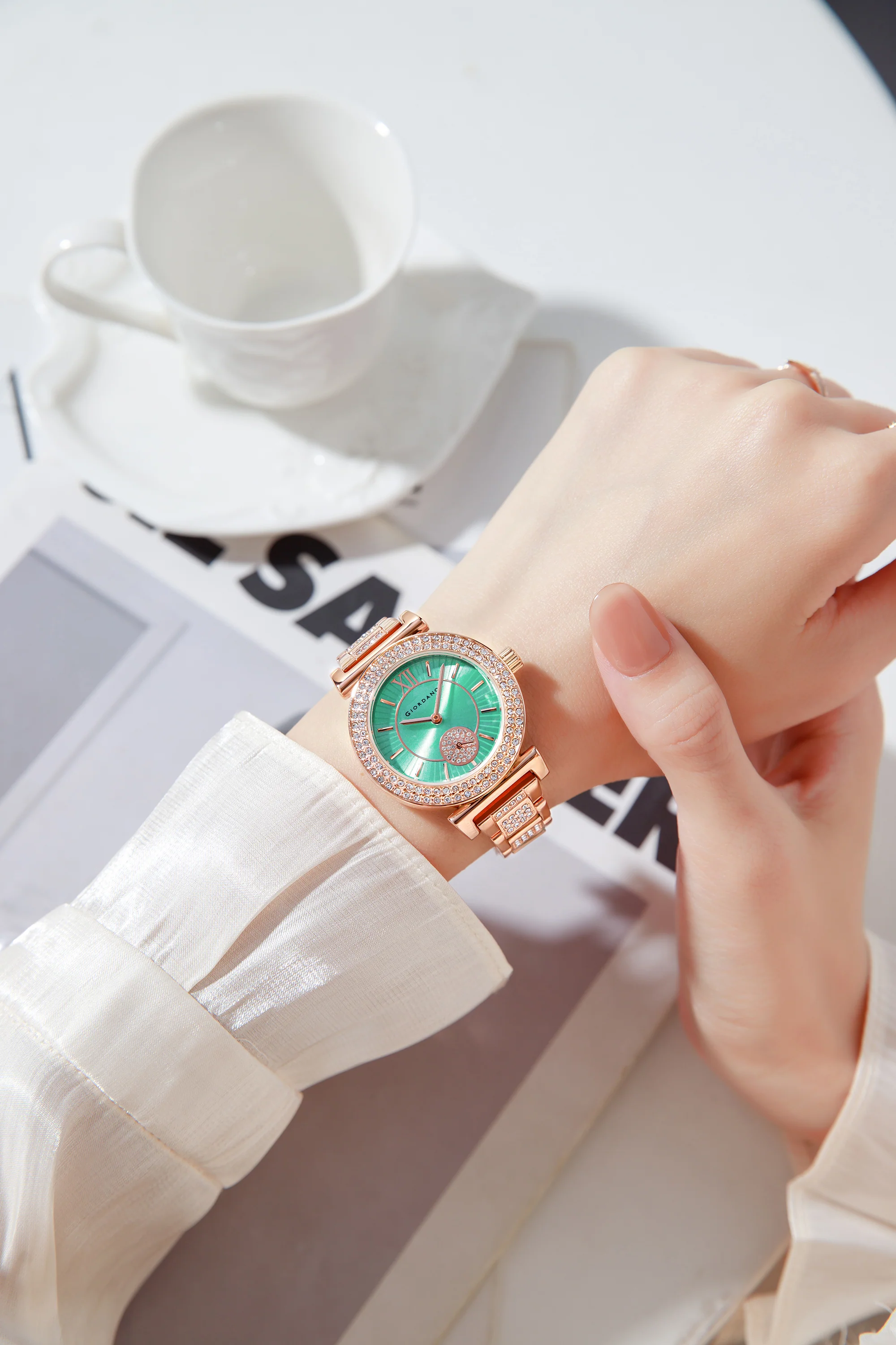 Giordano Luxury Analog Watch for Women - Elegant Crystal Design with sub dial and Diamond Studed statinless Steel Strap | GZ-60086-33 - Image 2
