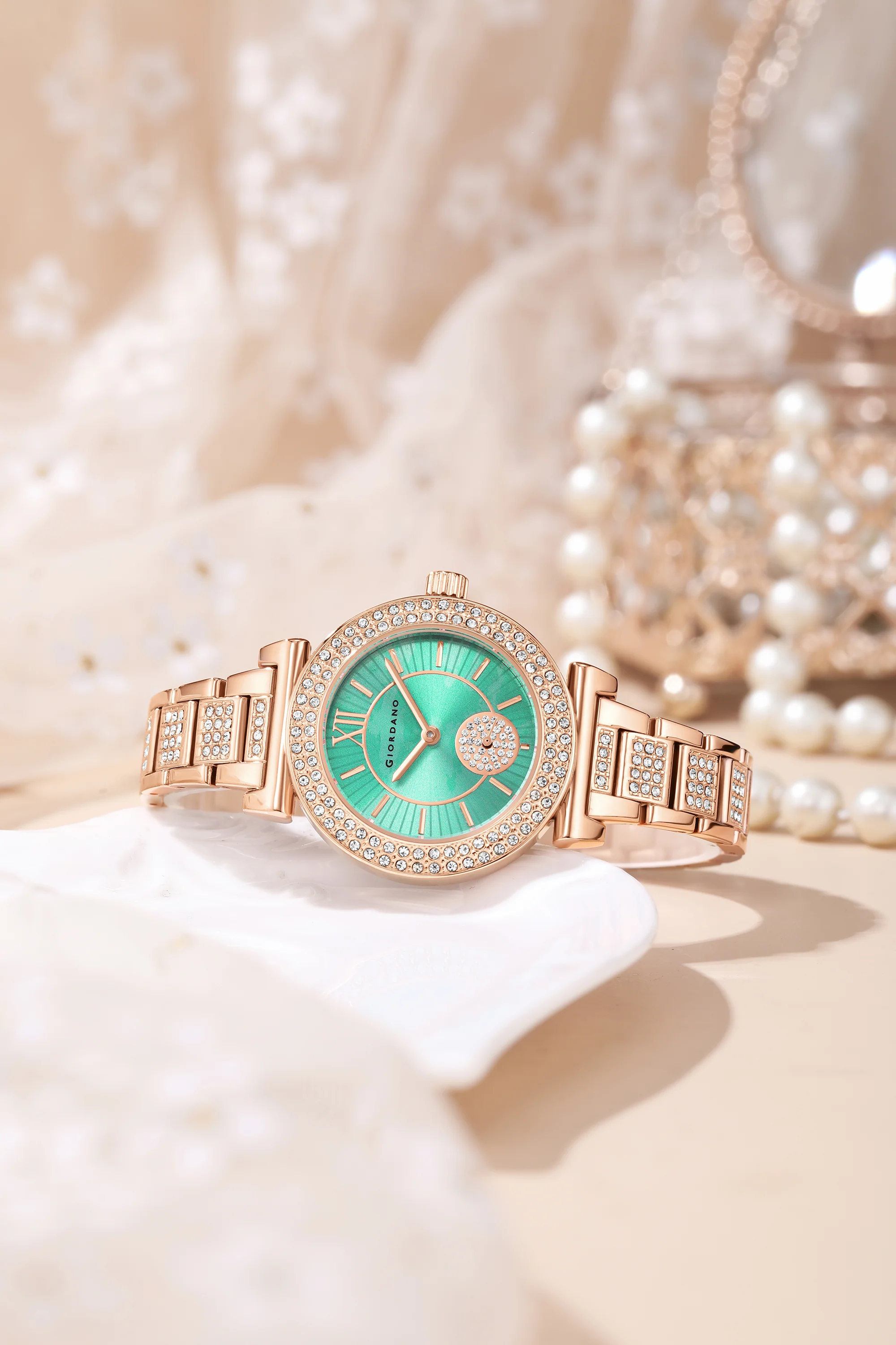 Giordano Luxury Analog Watch for Women - Elegant Crystal Design with sub dial and Diamond Studed statinless Steel Strap | GZ-60086-33 - Image 4