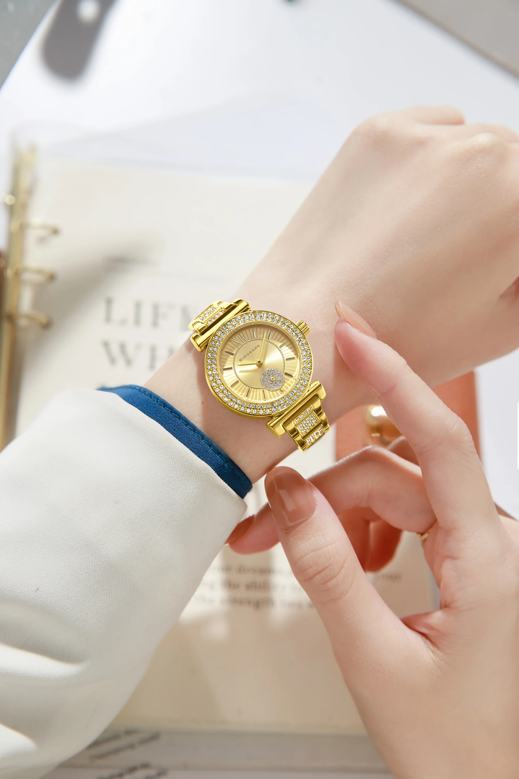 Giordano Luxury Analog Watch for Women – Elegant Crystal-Studded Design, Sub-Dial Detail, Gold Stainless Steel Strap, Quartz Movement GZ-60086-55 - Image 2