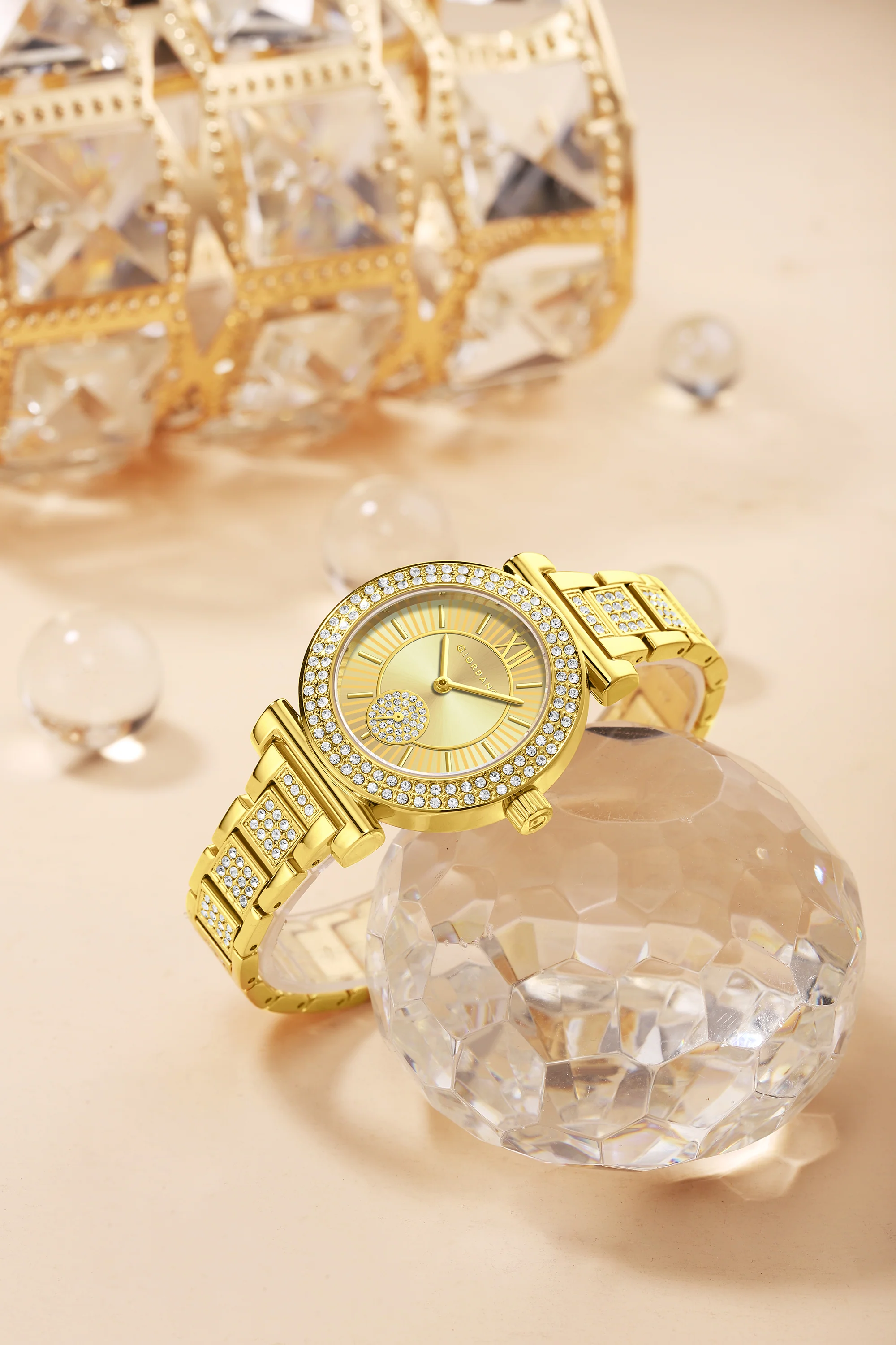Giordano Luxury Analog Watch for Women – Elegant Crystal-Studded Design, Sub-Dial Detail, Gold Stainless Steel Strap, Quartz Movement GZ-60086-55 - Image 3