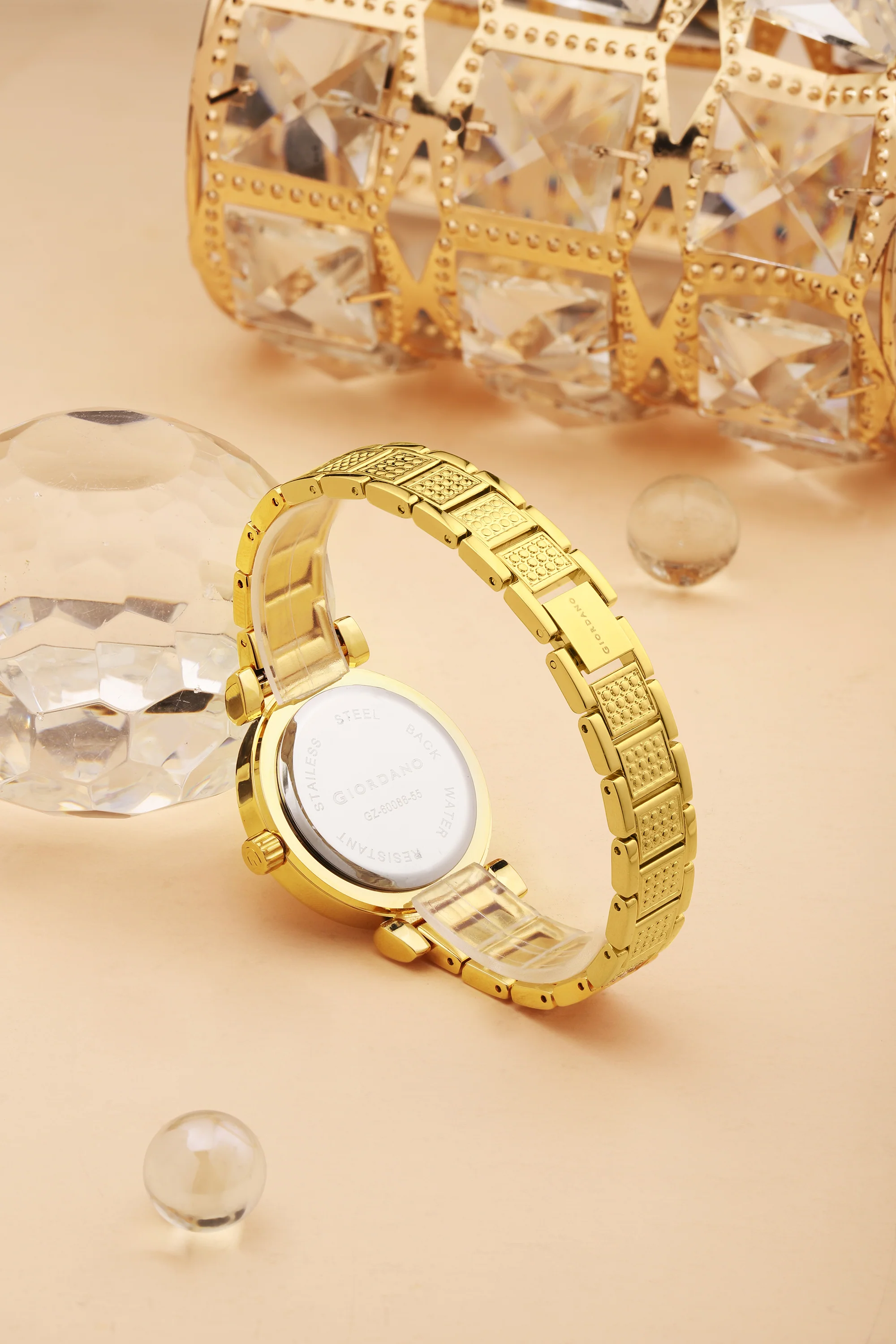Giordano Luxury Analog Watch for Women – Elegant Crystal-Studded Design, Sub-Dial Detail, Gold Stainless Steel Strap, Quartz Movement GZ-60086-55 - Image 4