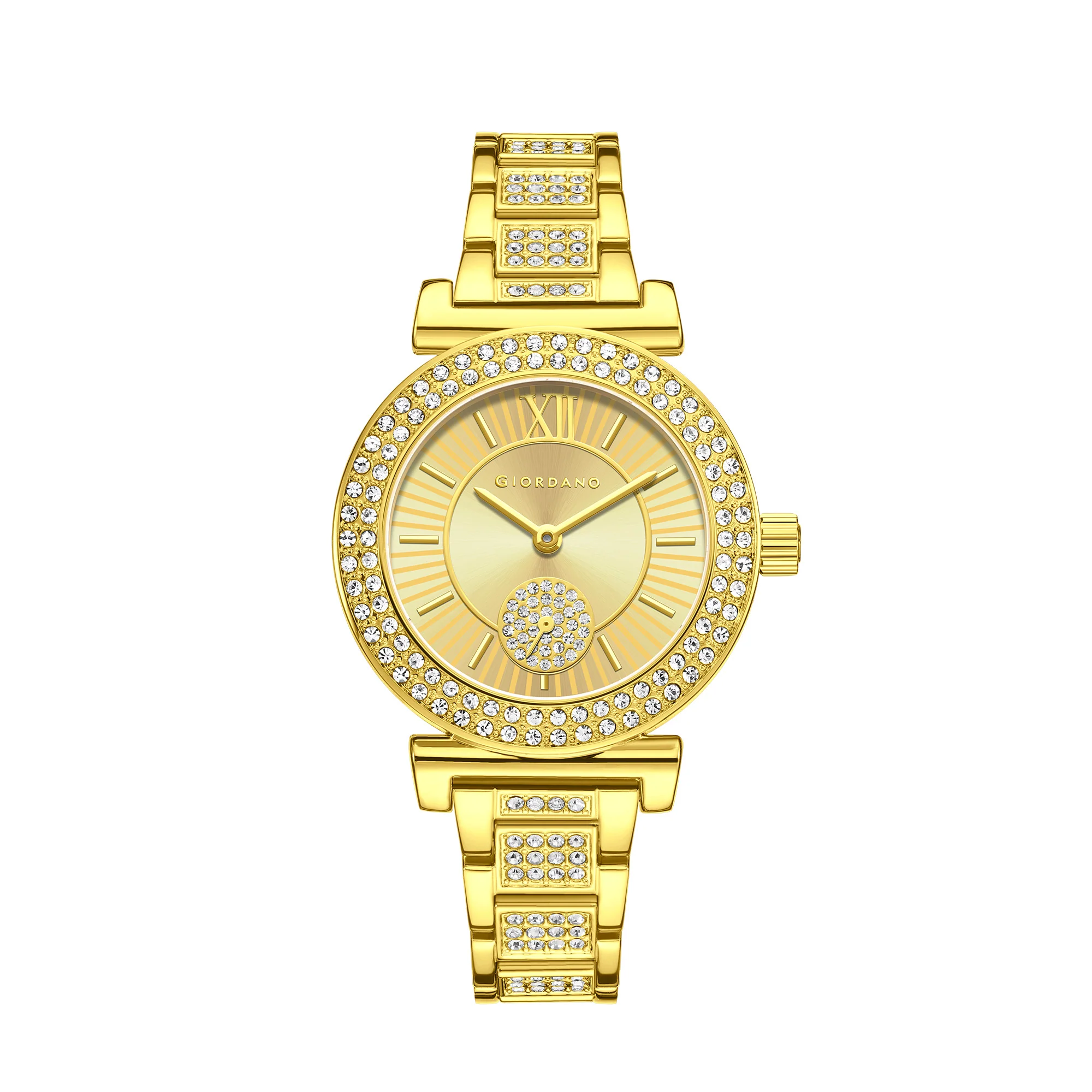 Giordano Luxury Analog Watch for Women – Elegant Crystal-Studded Design, Sub-Dial Detail, Gold Stainless Steel Strap, Quartz Movement GZ-60086-55 - Image 5
