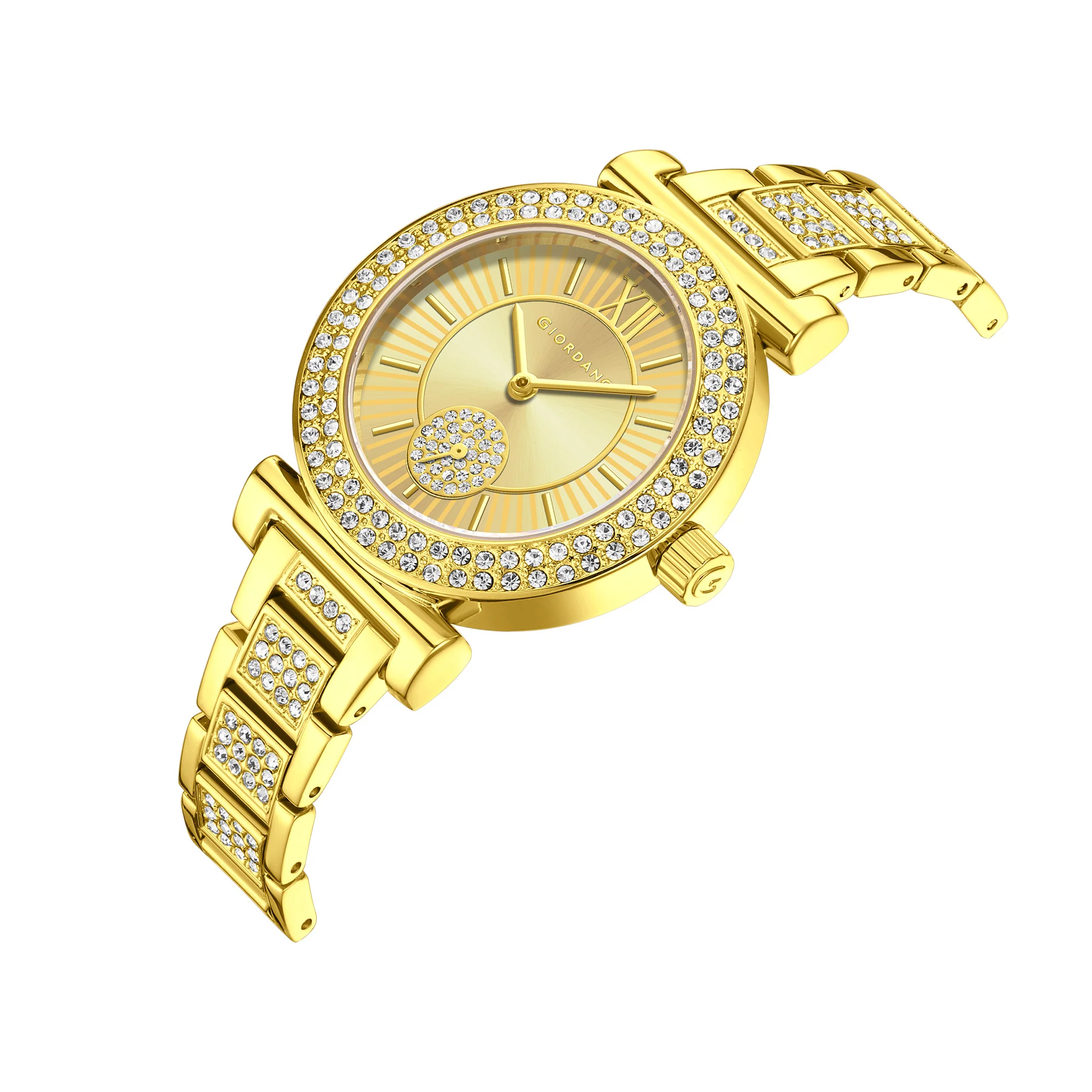 Giordano Luxury Analog Watch for Women – Elegant Crystal-Studded Design, Sub-Dial Detail, Gold Stainless Steel Strap, Quartz Movement GZ-60086-55 - Image 6