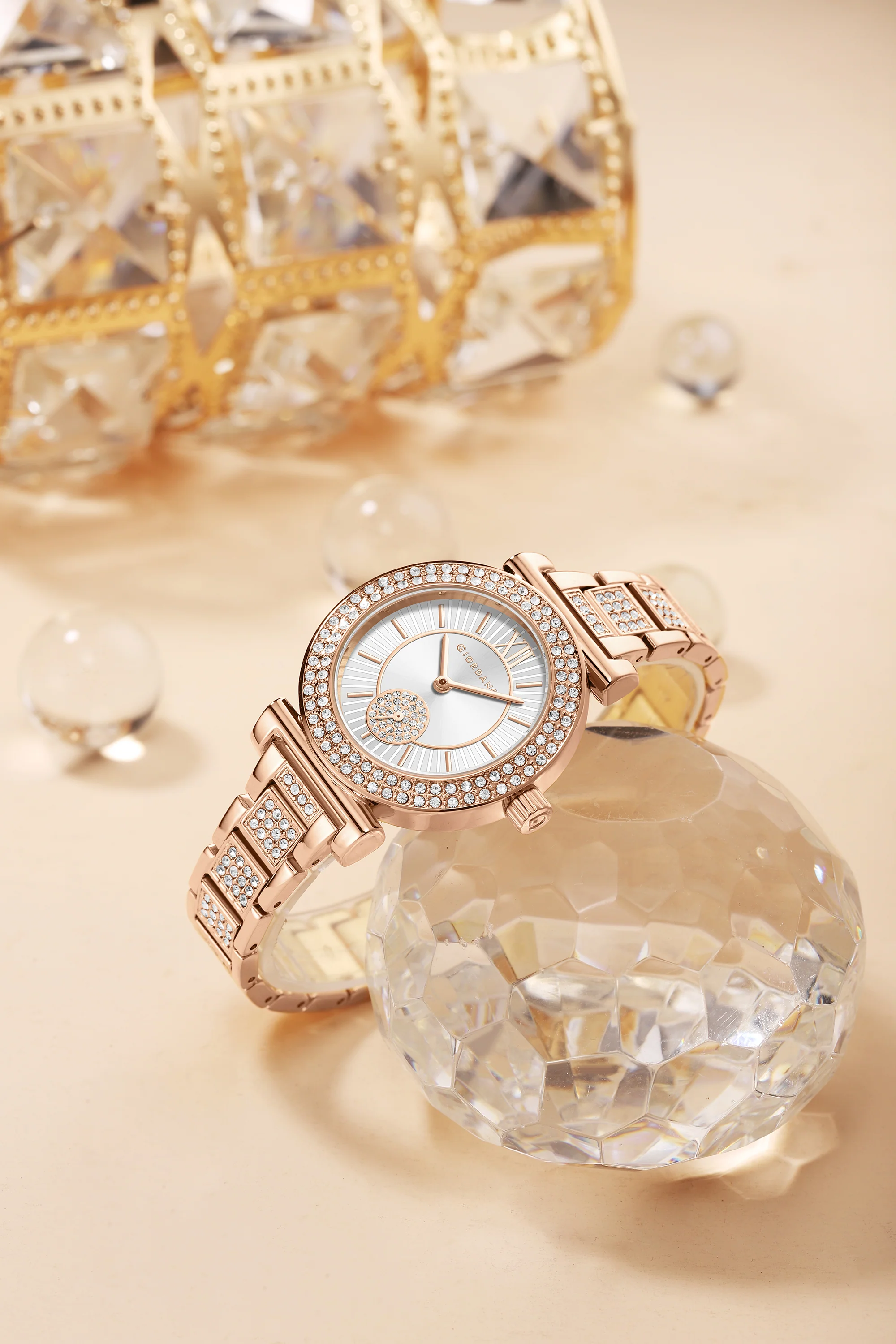 Giordano Luxury Analog Watch for Women – Elegant Crystal-Studded Design, Sub-Dial Detail, Rose Gold Stainless Steel Strap, Quartz Movement GZ-60086-44 - Image 3