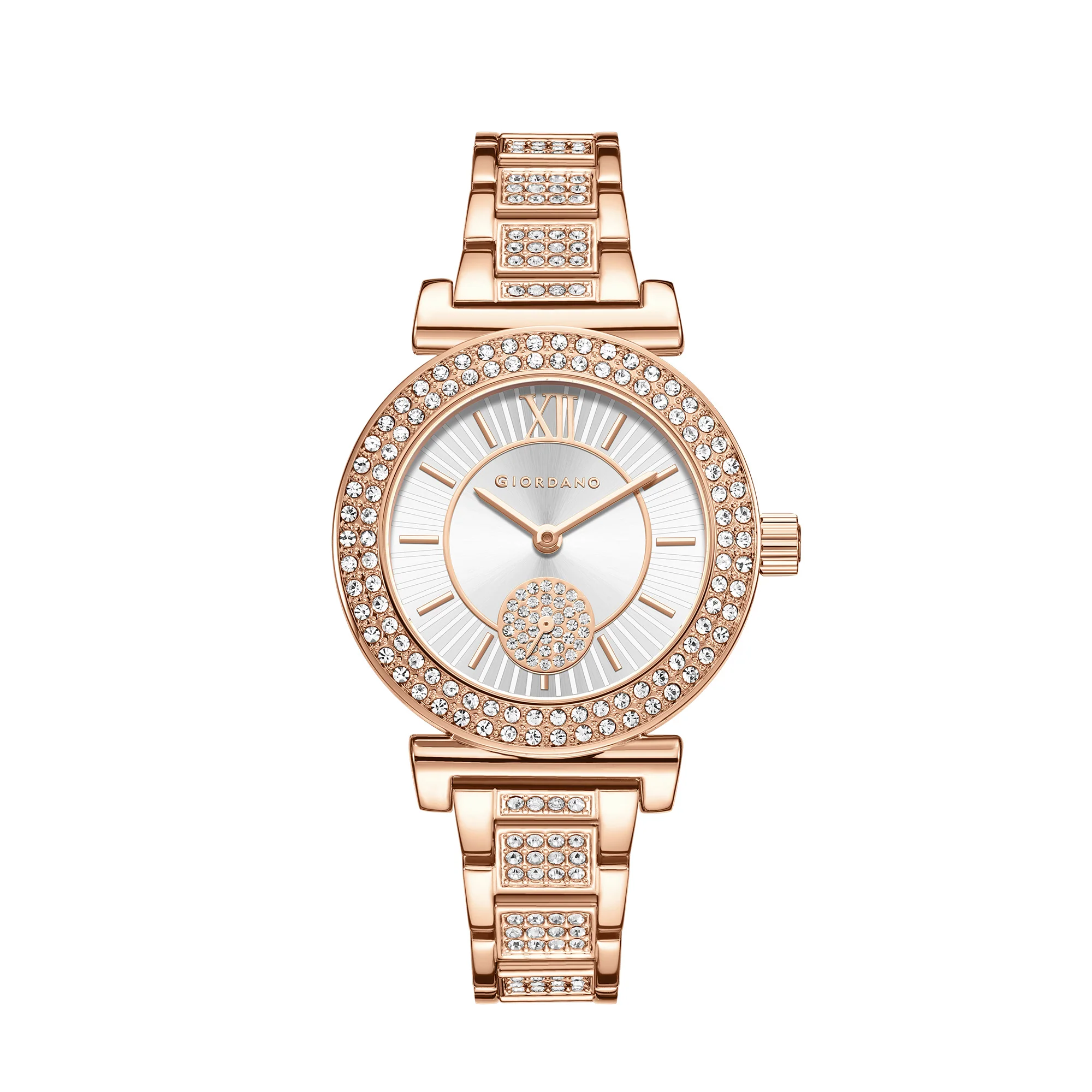 Giordano Luxury Analog Watch for Women – Elegant Crystal-Studded Design, Sub-Dial Detail, Rose Gold Stainless Steel Strap, Quartz Movement GZ-60086-44 - Image 5