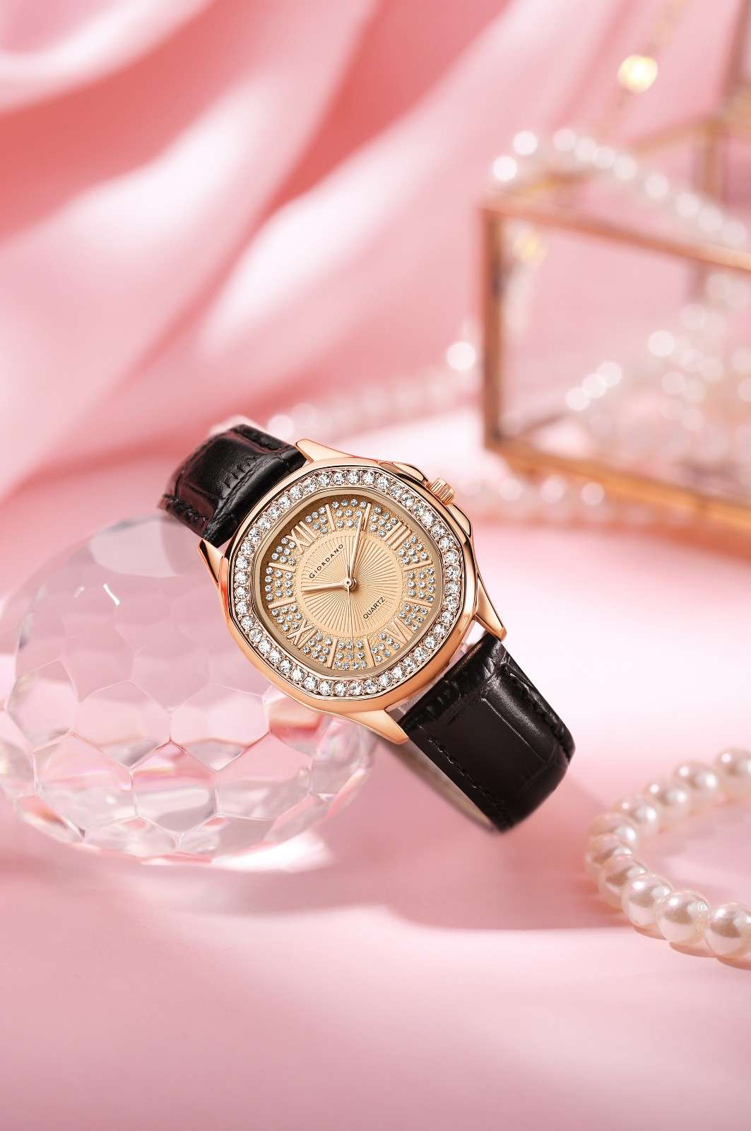 Giordano Luxury Analog Watch for Women with Crystal-Studded Bezel & Leather Strap – Octagonal Case, Elegant Quartz Wristwatch GZ-60141-11 - Image 3
