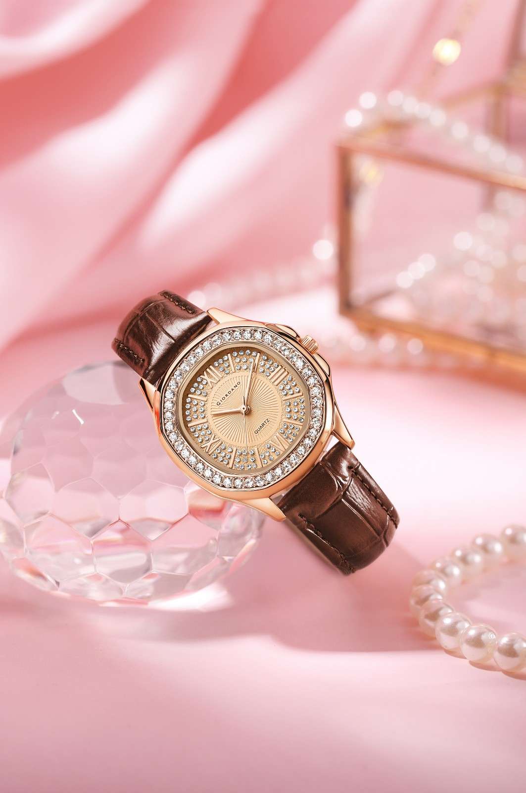 Giordano Luxury Analog Watch for Women with Crystal-Studded Bezel & Leather Strap – Octagonal Case, Elegant Quartz Wristwatch GZ-60141-22 - Image 3