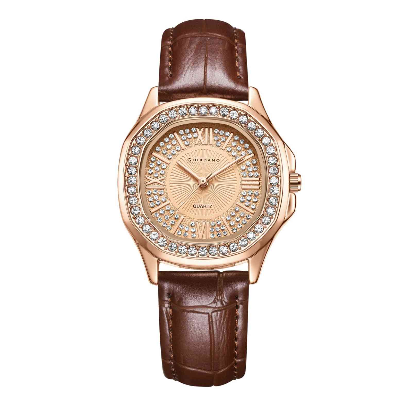 Giordano Luxury Analog Watch for Women with Crystal-Studded Bezel & Leather Strap – Octagonal Case, Elegant Quartz Wristwatch GZ-60141-22 - Image 5