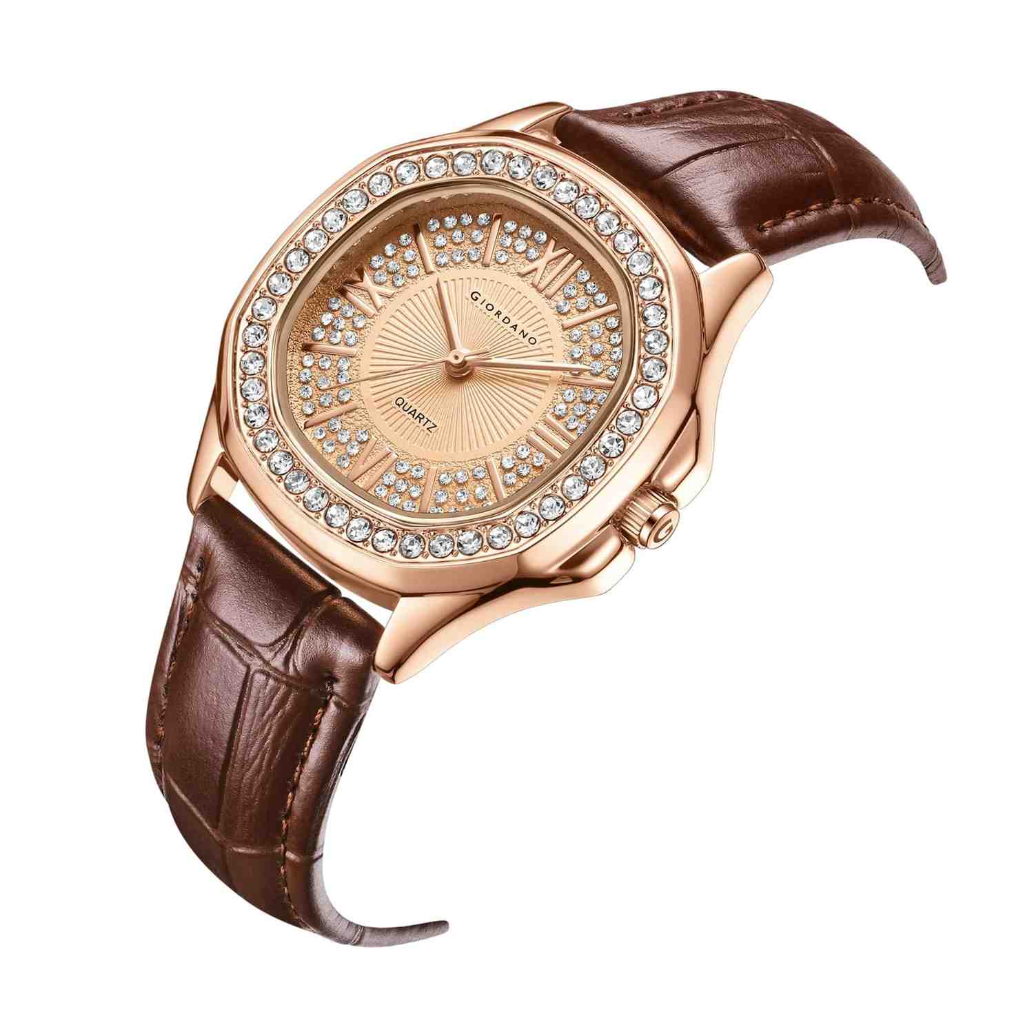Giordano Luxury Analog Watch for Women with Crystal-Studded Bezel & Leather Strap – Octagonal Case, Elegant Quartz Wristwatch GZ-60141-22 - Image 6