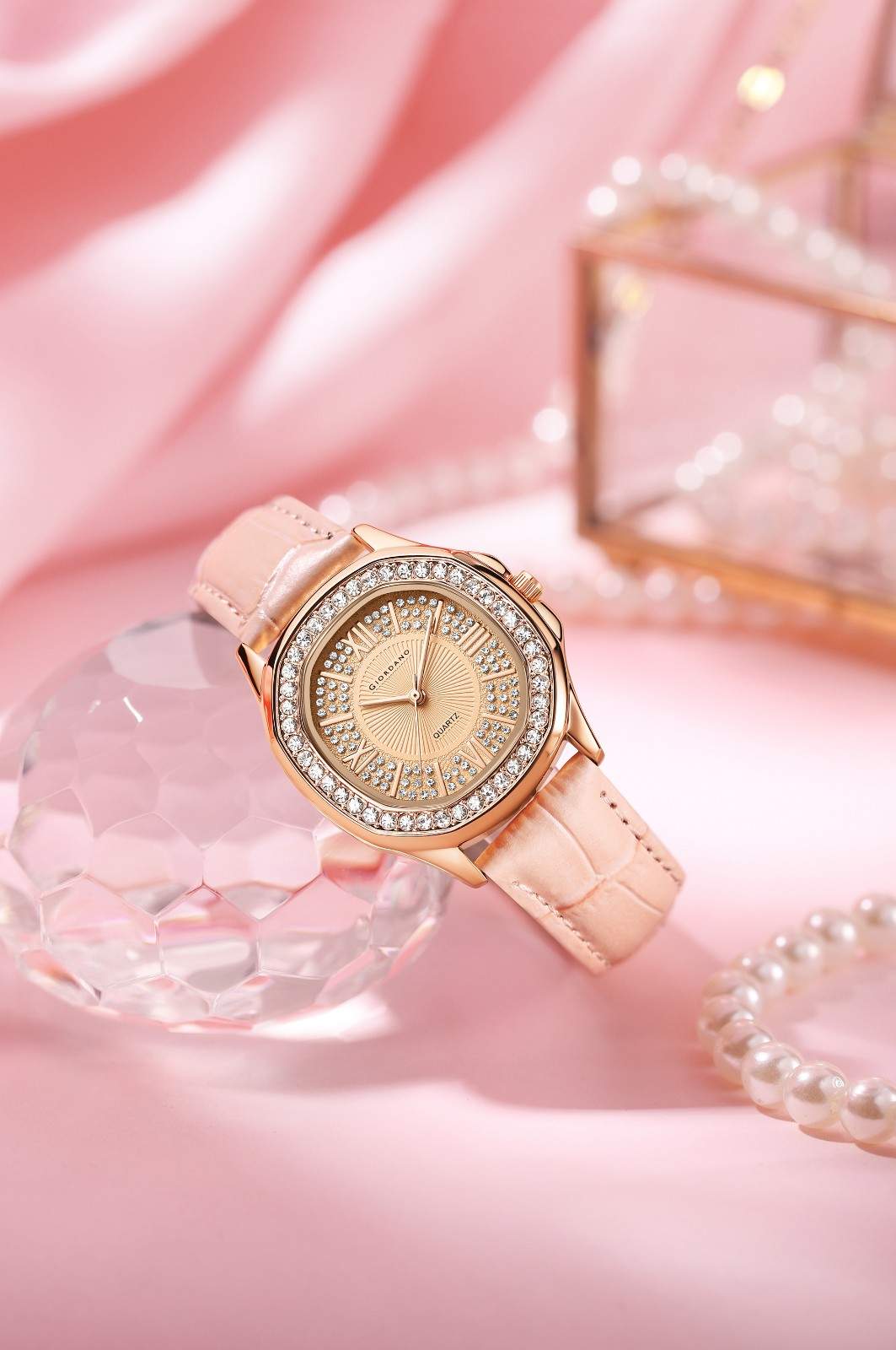 Giordano Luxury Analog Watch for Women with Crystal-Studded Bezel & Leather Strap – Octagonal Case, Elegant Quartz Wristwatch GZ-60141-33 - Image 3