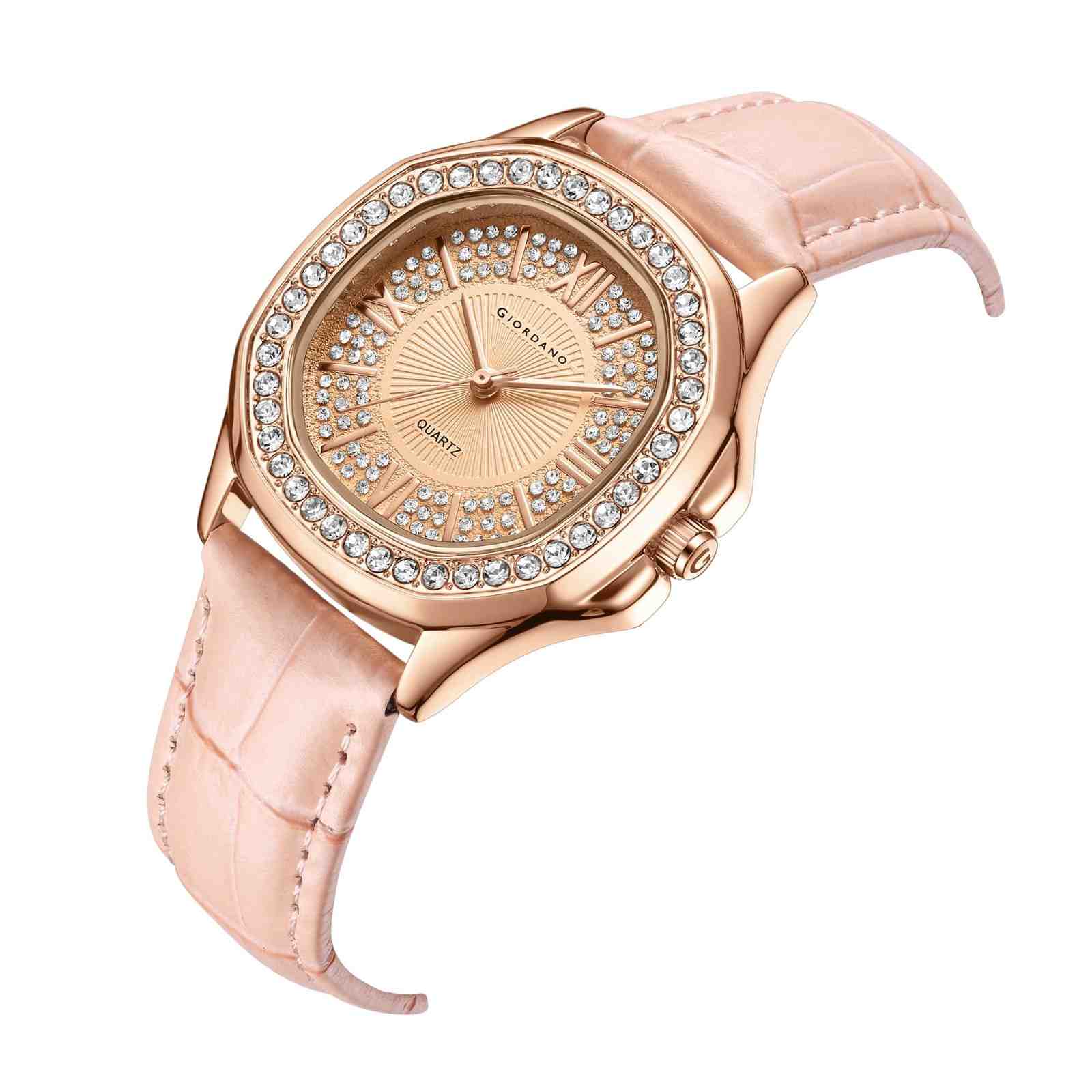 Giordano Luxury Analog Watch for Women with Crystal-Studded Bezel & Leather Strap – Octagonal Case, Elegant Quartz Wristwatch GZ-60141-33 - Image 6