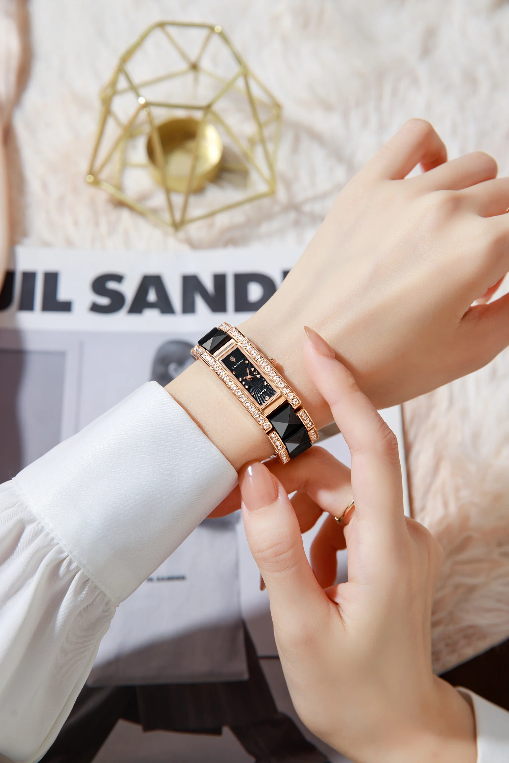 Giordano Luxury Crystal Studded Bracelet Watch for Women -  Elegant Rectangular Dial, Quartz Movement and stainless steel strap | GZ-60104-11 - Image 2
