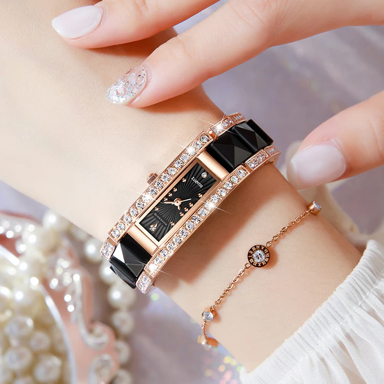 Giordano Luxury Crystal Studded Bracelet Watch for Women -  Elegant Rectangular Dial, Quartz Movement and stainless steel strap | GZ-60104-11 - Image 3