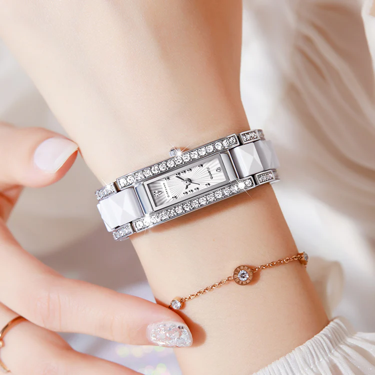 Giordano Luxury Crystal Studded Bracelet Watch for Women -  Elegant Rectangular Dial, Quartz Movement and stainless steel strap | GZ-60104-22 - Image 4