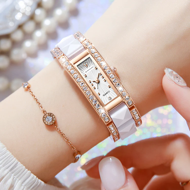 Giordano Luxury Crystal Studded Bracelet Watch for Women -  Elegant Rectangular Dial, Quartz Movement and stainless steel strap | GZ-60104-33 - Image 3