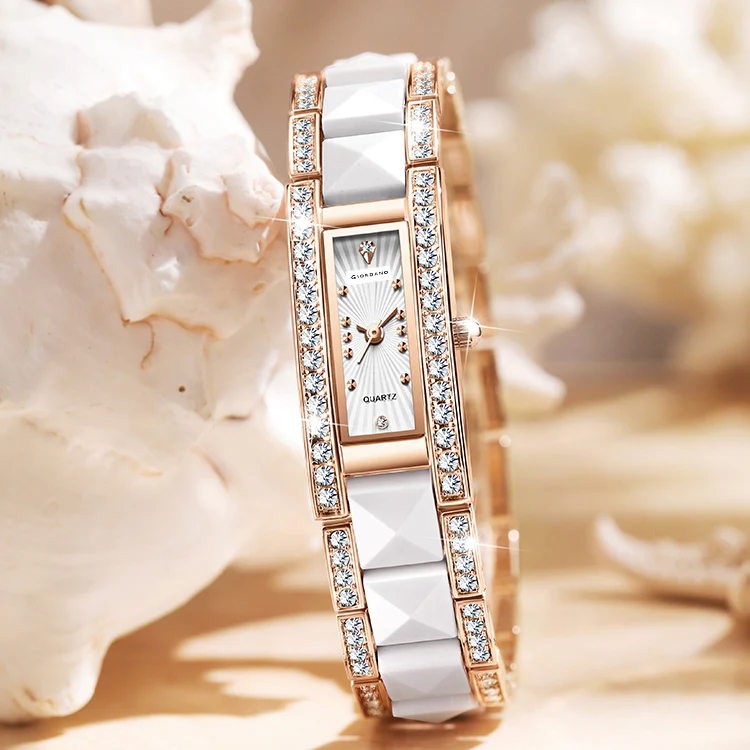 Giordano Luxury Crystal Studded Bracelet Watch for Women -  Elegant Rectangular Dial, Quartz Movement and stainless steel strap | GZ-60104-33 - Image 4