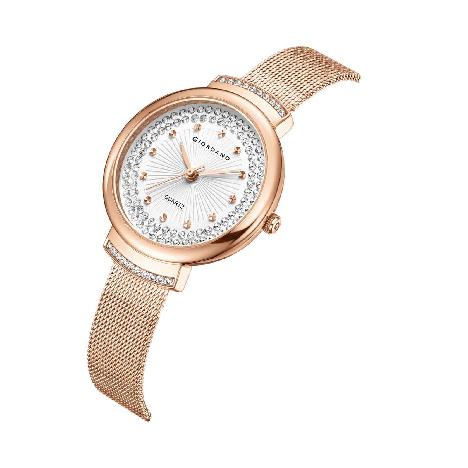 Giordano Luxury Rose Gold Analog Watch for Women – Crystal Embellished Dial, Mesh Strap, Quartz Movement – Elegant Timepiece - GZ-60143-11 - Image 6