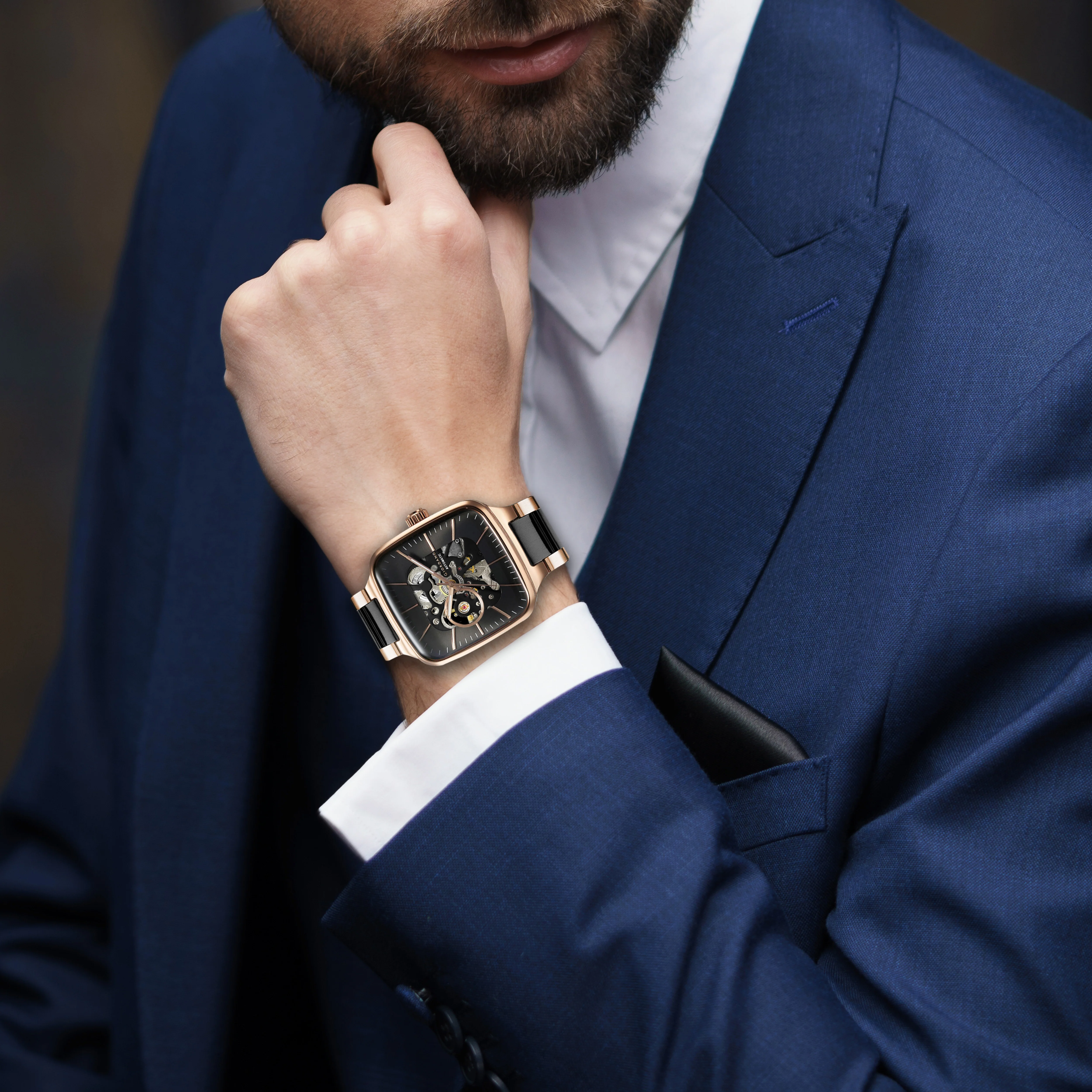 Giordano Luxury Watch for Men – Automatic Skeleton Square Dial, Stainless Steel Strap, Premium Mechanical Movement | GZ-50121-11 - Image 3