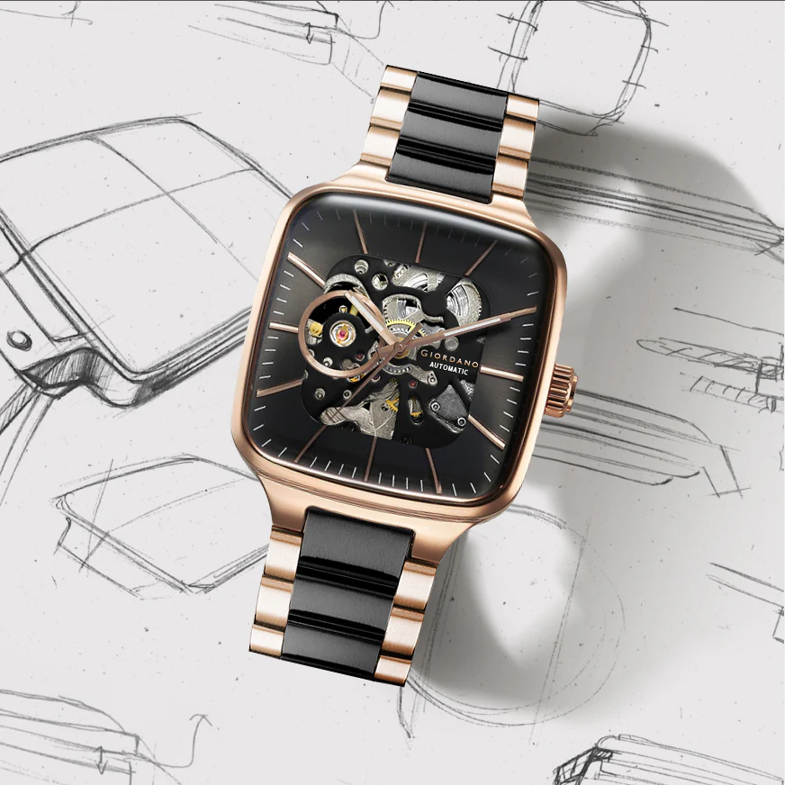 Giordano Luxury Watch for Men – Automatic Skeleton Square Dial, Stainless Steel Strap, Premium Mechanical Movement | GZ-50121-11 - Image 4