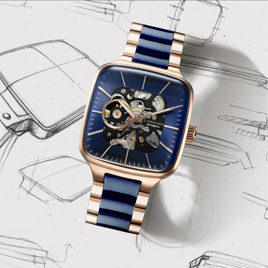 Giordano Luxury Watch for Men – Automatic Skeleton Square Dial, Stainless Steel Strap, Premium Mechanical Movement | GZ-50121-22 - Image 3