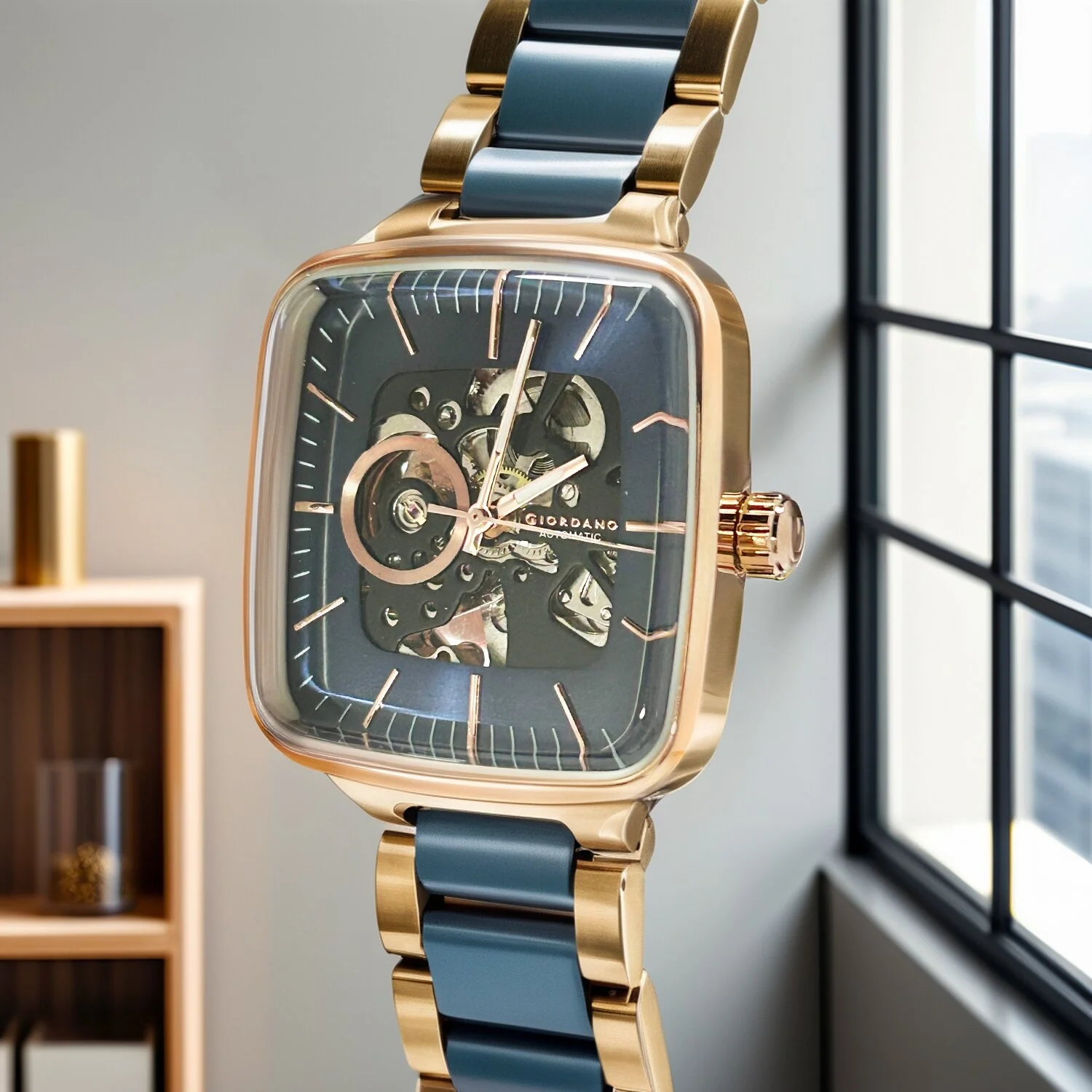 Giordano Luxury Watch for Men – Automatic Skeleton Square Dial, Stainless Steel Strap, Premium Mechanical Movement | GZ-50121-22 - Image 5