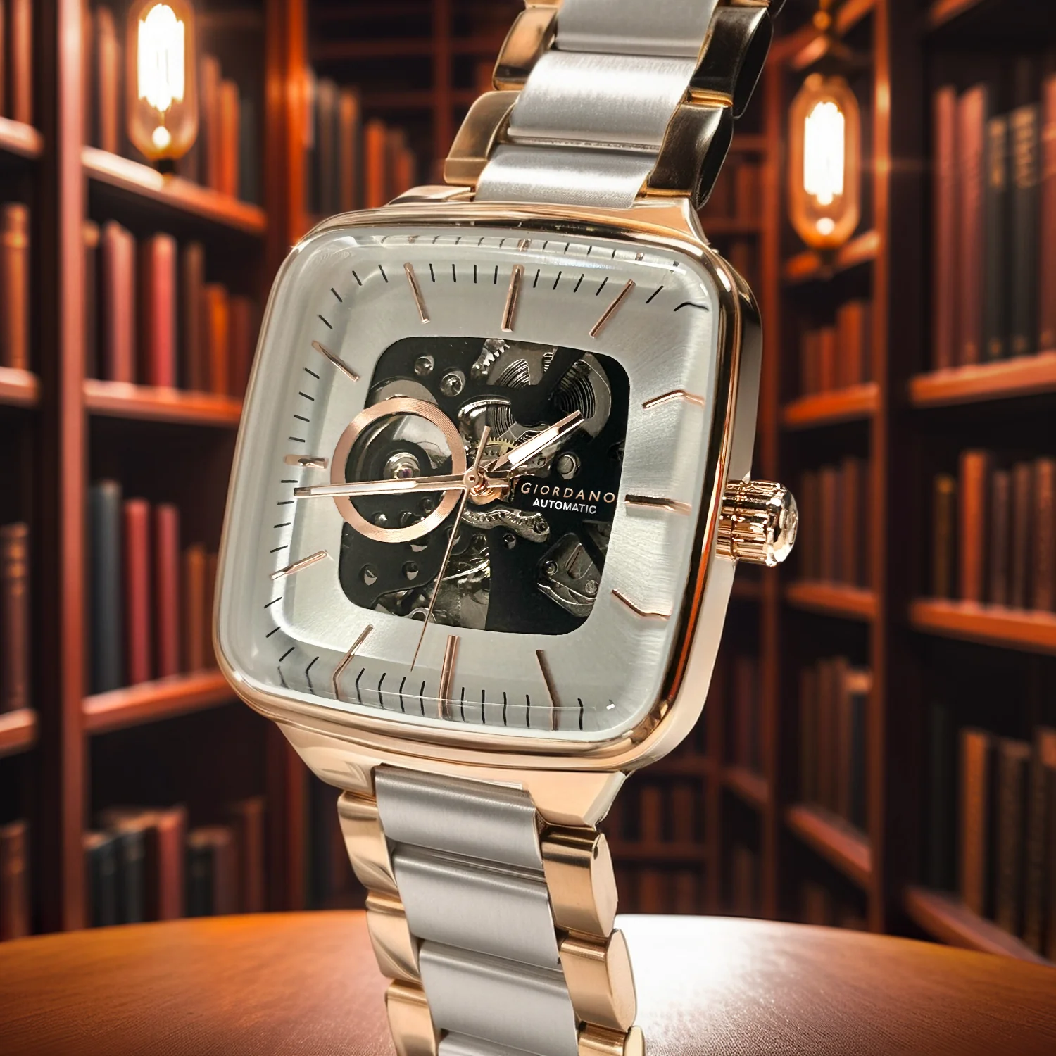 Giordano Luxury Watch for Men – Automatic Skeleton Square Dial, Stainless Steel Strap, Premium Mechanical Movement | GZ-50121-33 - Image 4