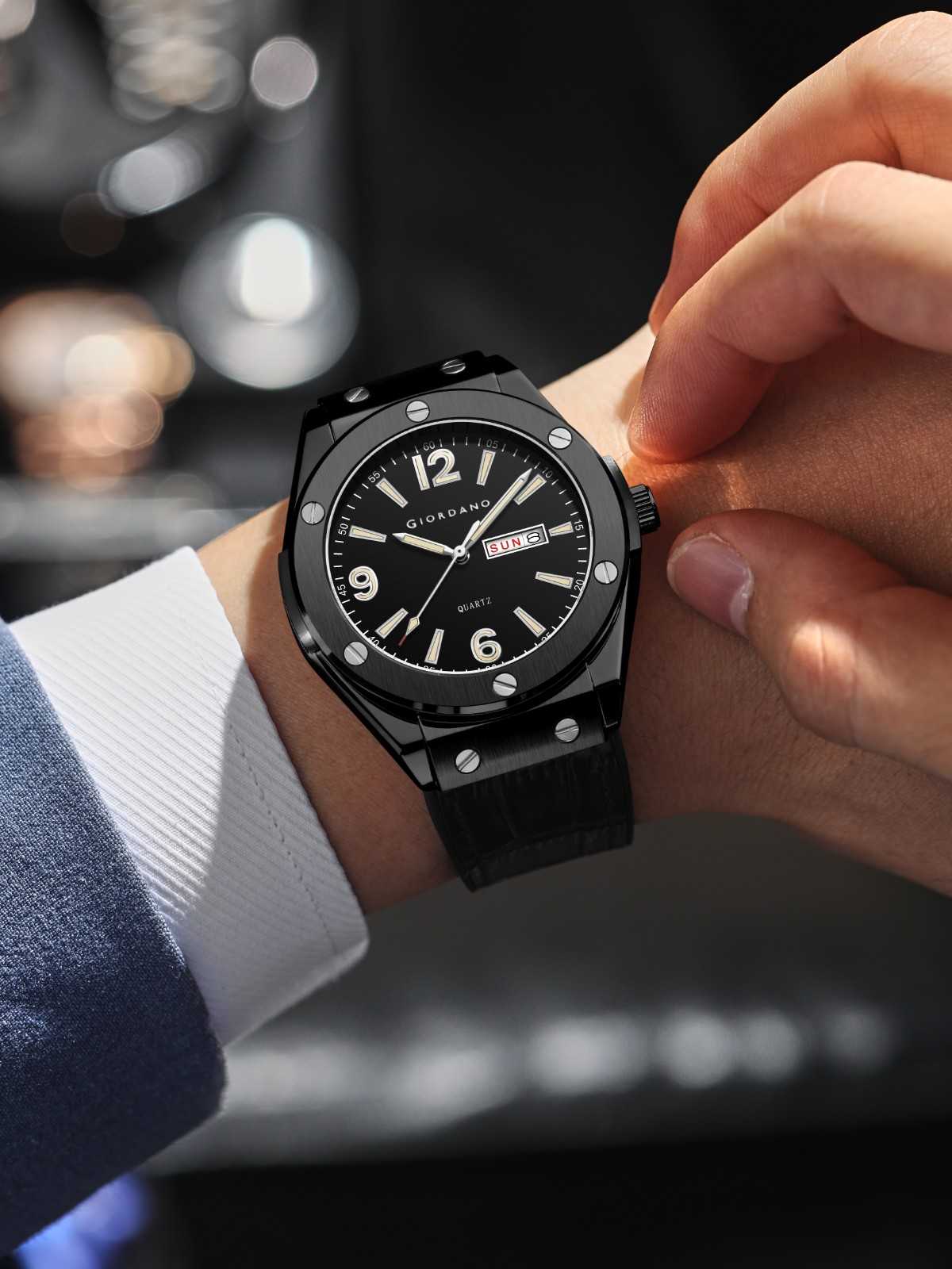 GIORDANO Luxury Watch for Men with Leather Strap, Day-Date Display, Brushed Metal Finish, and Silver Screw Details - GZ-50176-01 - Image 2