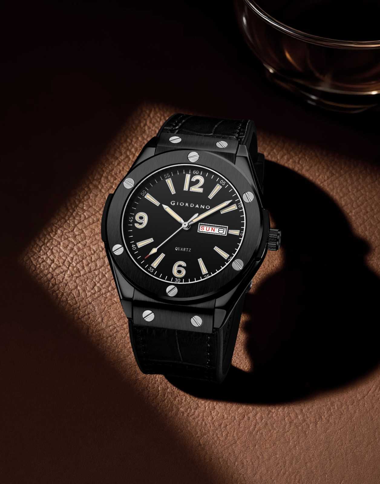 GIORDANO Luxury Watch for Men with Leather Strap, Day-Date Display, Brushed Metal Finish, and Silver Screw Details - GZ-50176-01 - Image 3