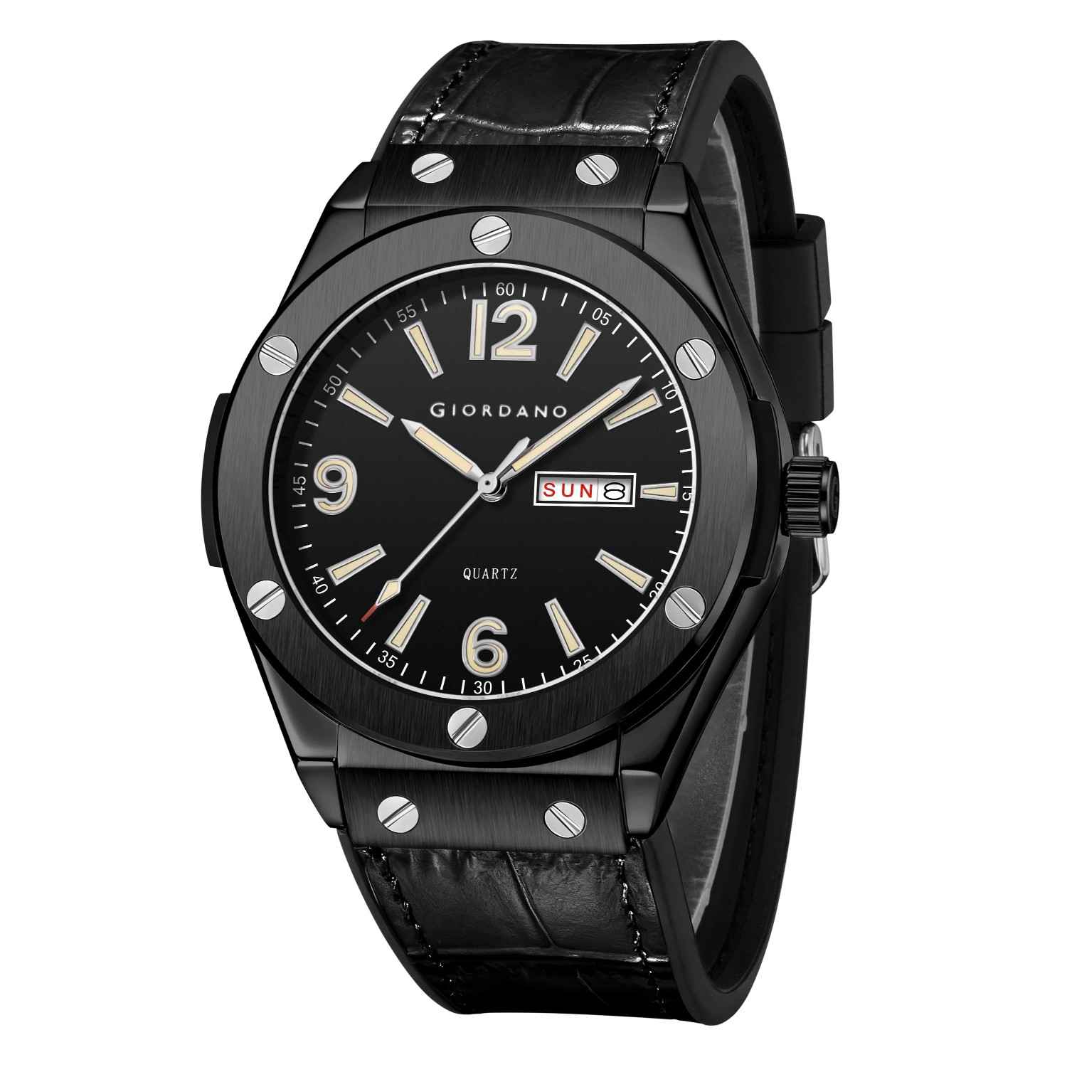 GIORDANO Luxury Watch for Men with Leather Strap, Day-Date Display, Brushed Metal Finish, and Silver Screw Details - GZ-50176-01 - Image 6