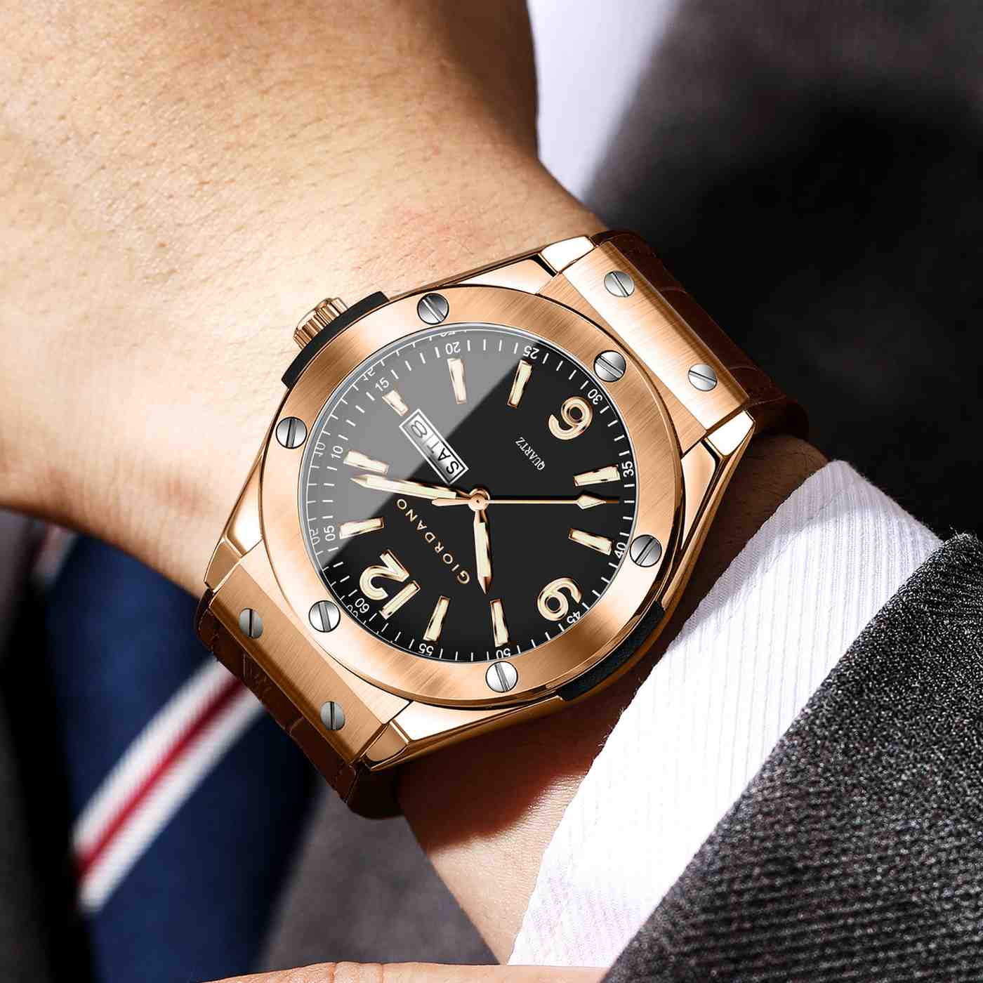 GIORDANO Luxury Watch for Men with Leather Strap, Day-Date Display, Brushed Metal Finish, and Silver Screw Details - GZ-50176-02 - Image 2