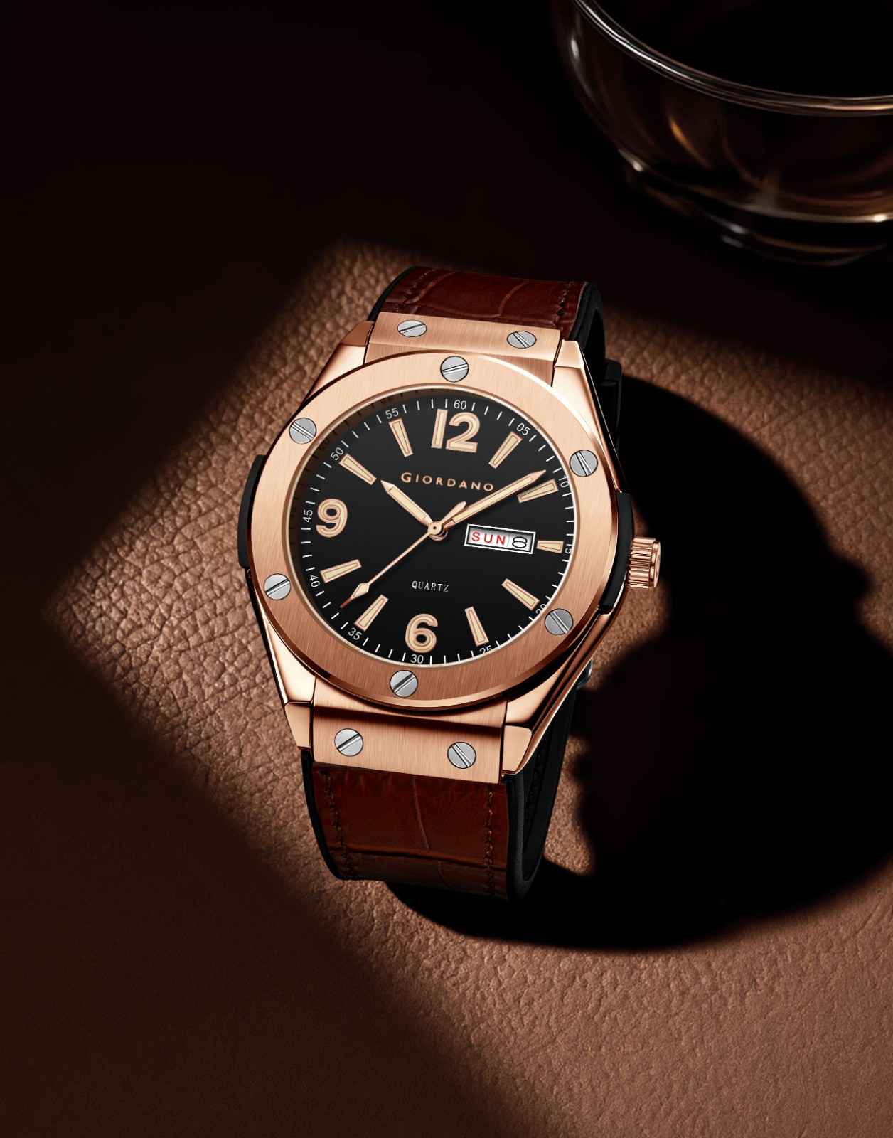 GIORDANO Luxury Watch for Men with Leather Strap, Day-Date Display, Brushed Metal Finish, and Silver Screw Details - GZ-50176-02 - Image 3