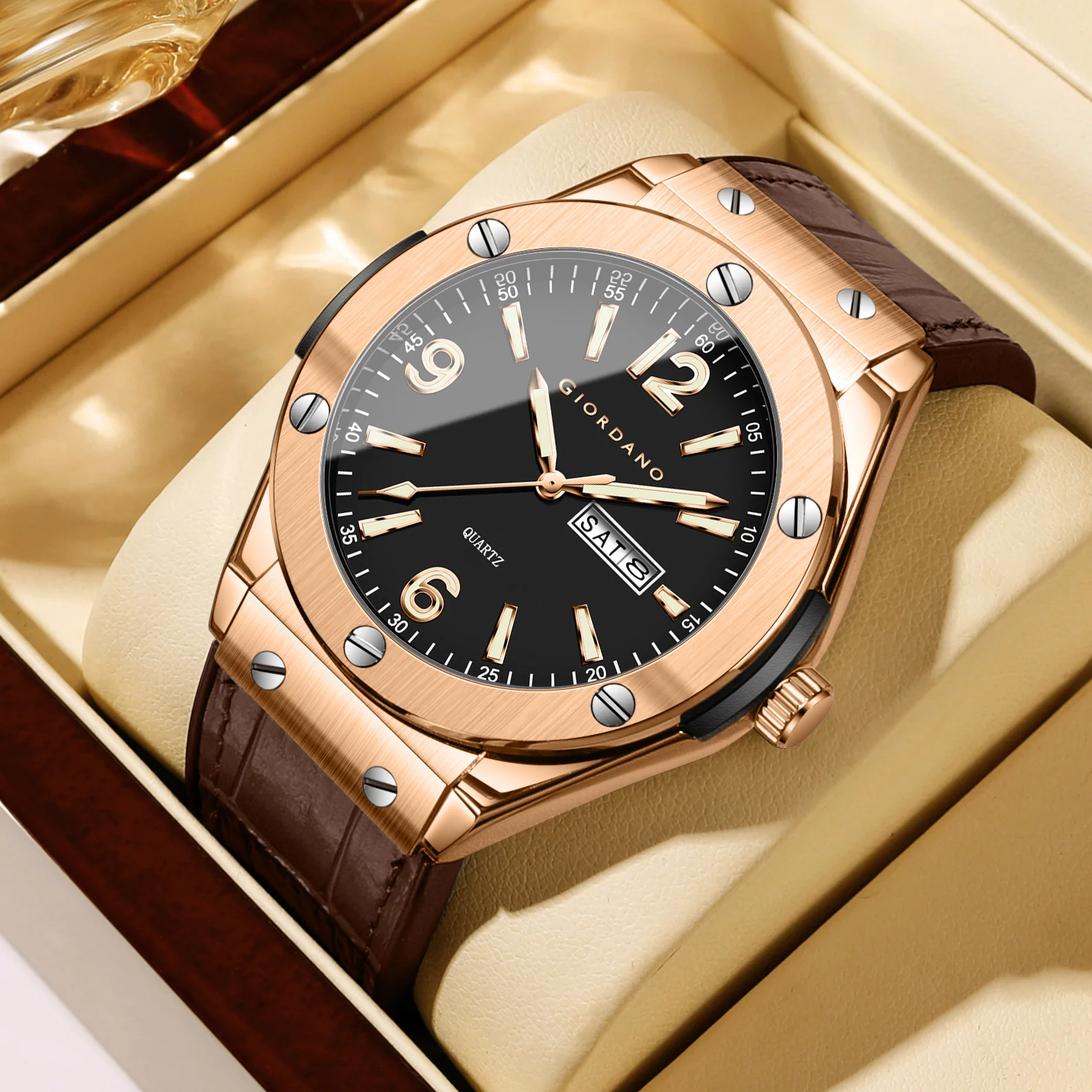 GIORDANO Luxury Watch for Men with Leather Strap, Day-Date Display, Brushed Metal Finish, and Silver Screw Details - GZ-50176-02 - Image 4