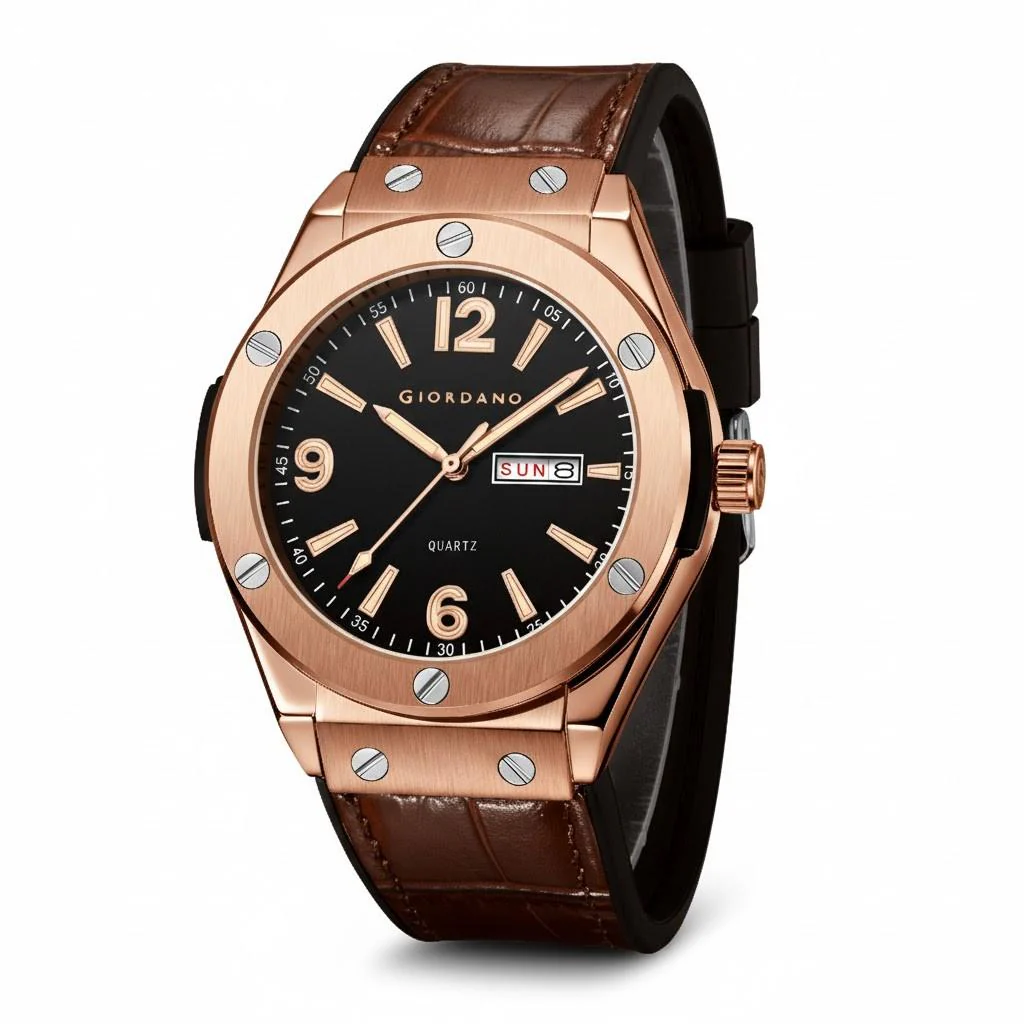 GIORDANO Luxury Watch for Men with Leather Strap, Day-Date Display, Brushed Metal Finish, and Silver Screw Details - GZ-50176-02 - Image 6