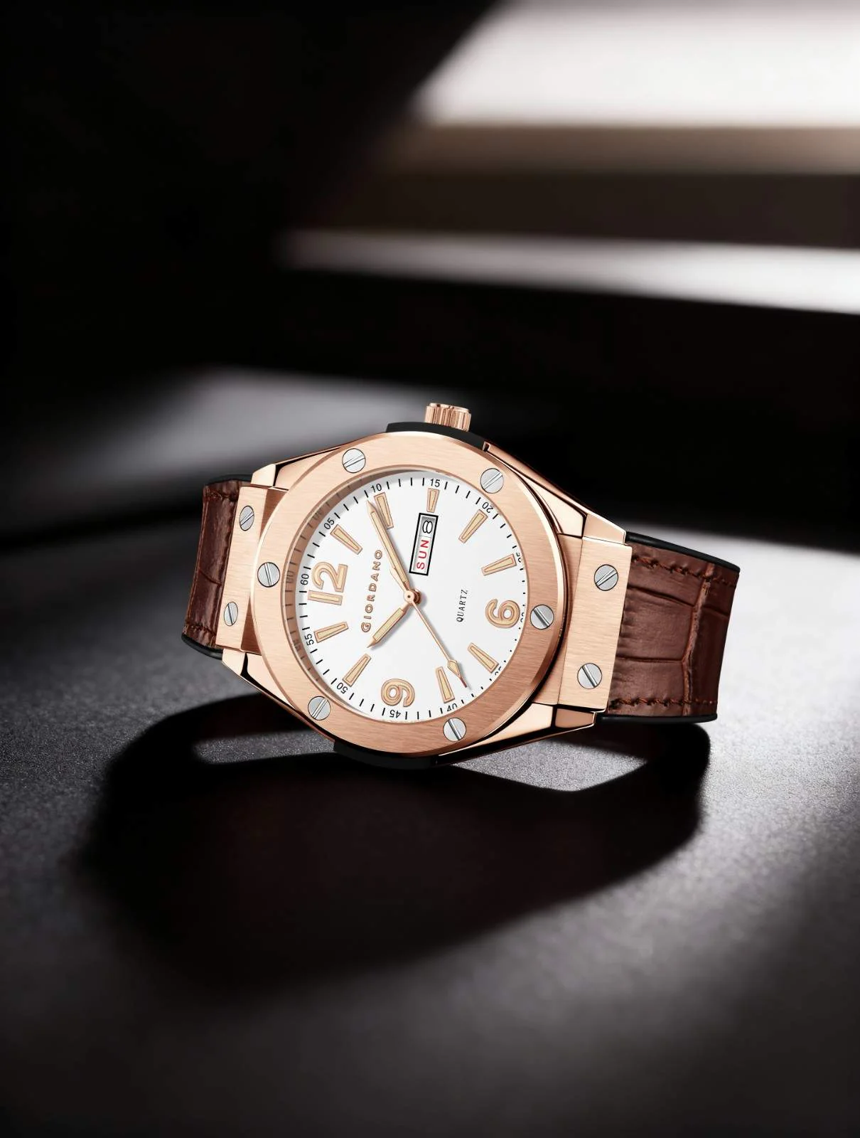 GIORDANO Luxury Watch for Men with Leather Strap, Day-Date Display, Brushed Metal Finish, and Silver Screw Details - GZ-50176-03 - Image 5