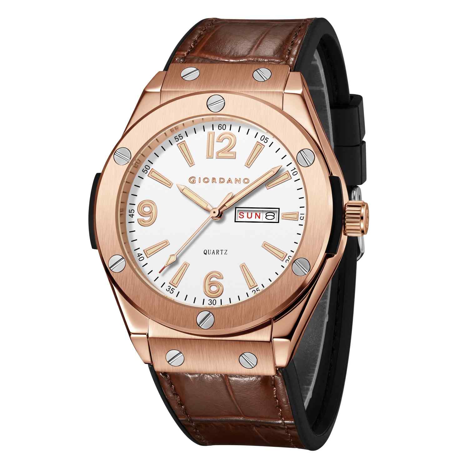 GIORDANO Luxury Watch for Men with Leather Strap, Day-Date Display, Brushed Metal Finish, and Silver Screw Details - GZ-50176-03 - Image 6
