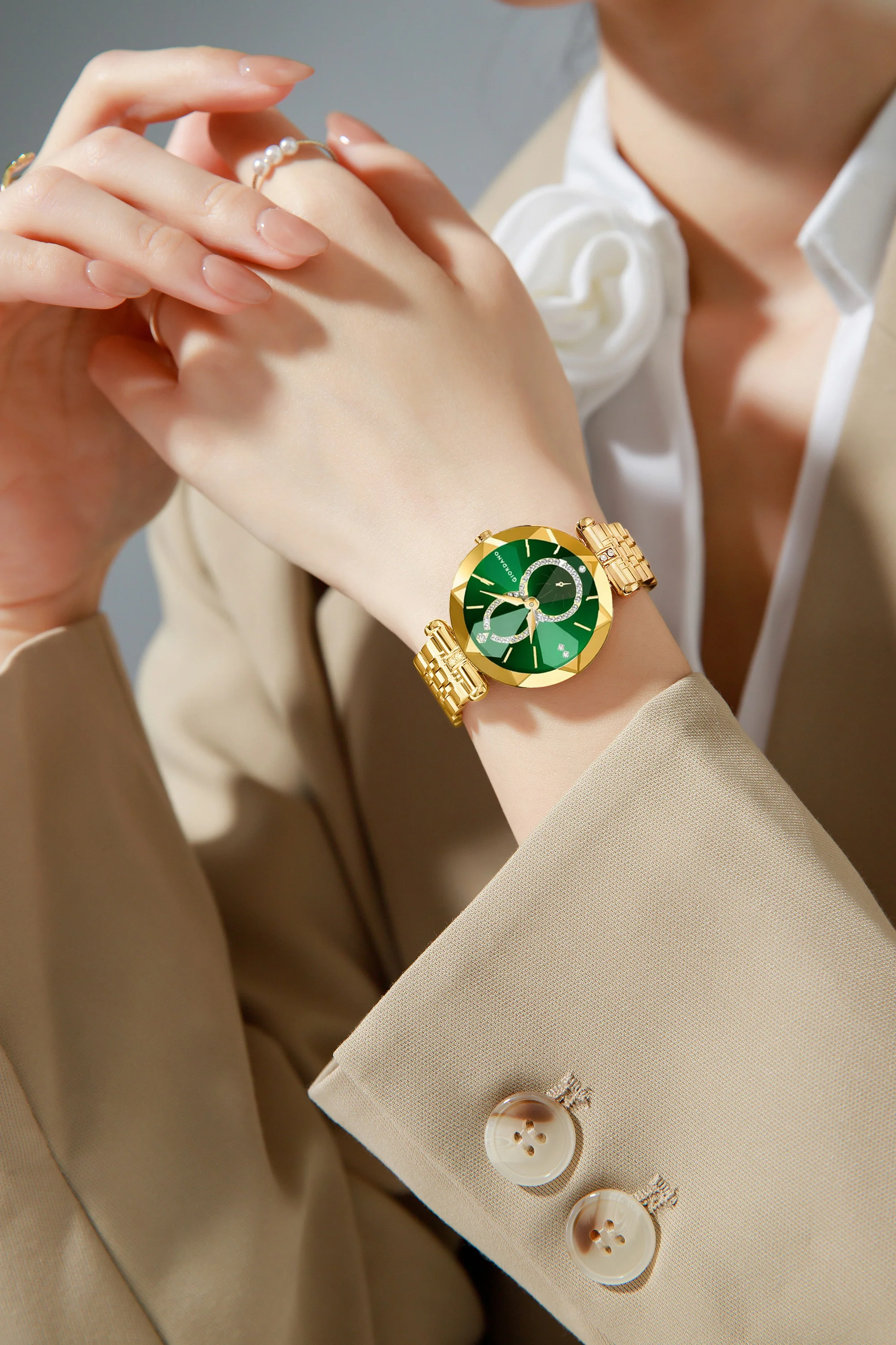 Giordano Luxury Watch for Women – Round Diamond Cut Glass Dial, Elegant Gold Stainless Steel Strap with Quartz Movement - GZ-60092-55 - Image 2